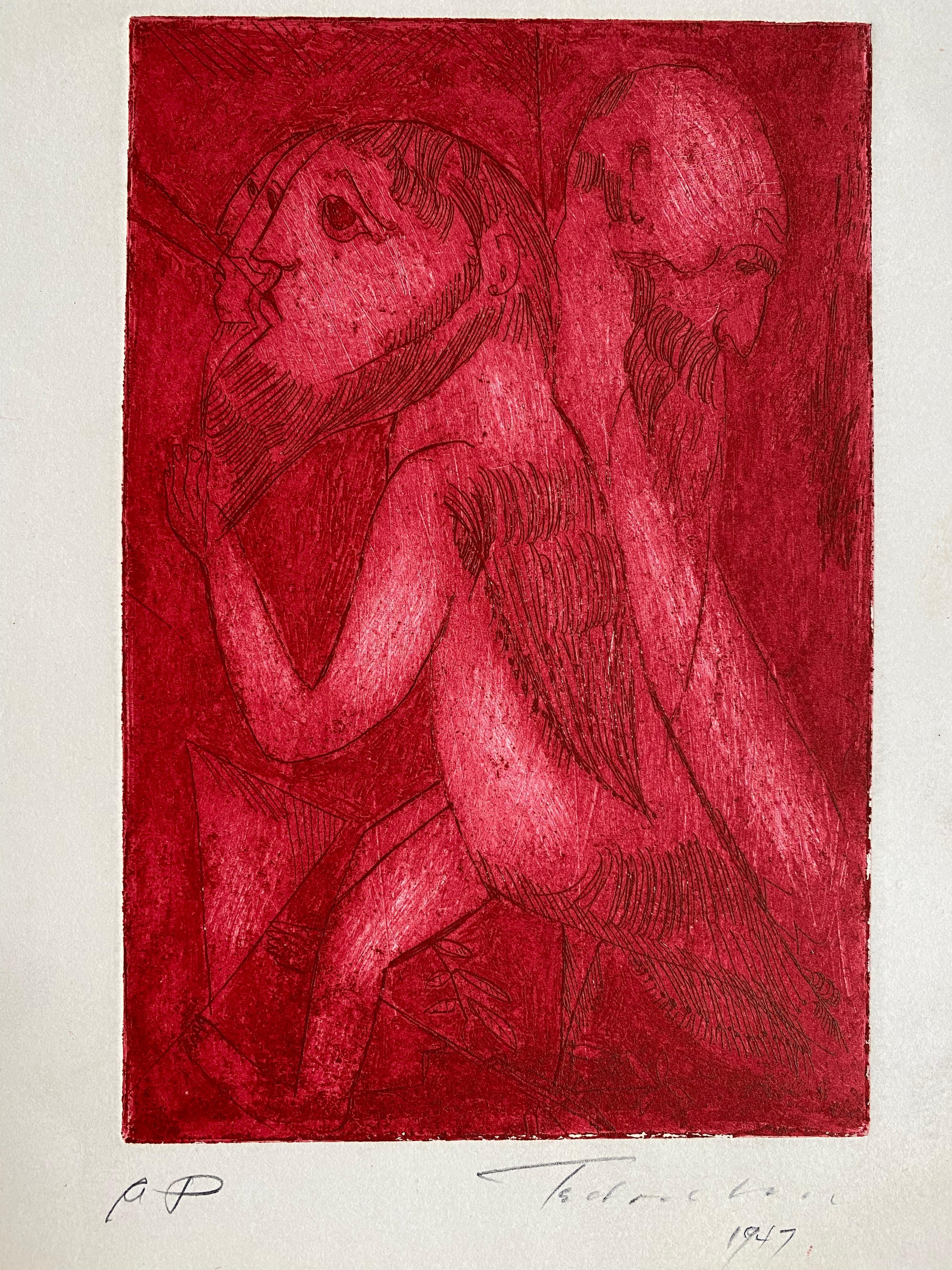 Créatures - Rouge Figurative Print par Nahum Tschacbasov