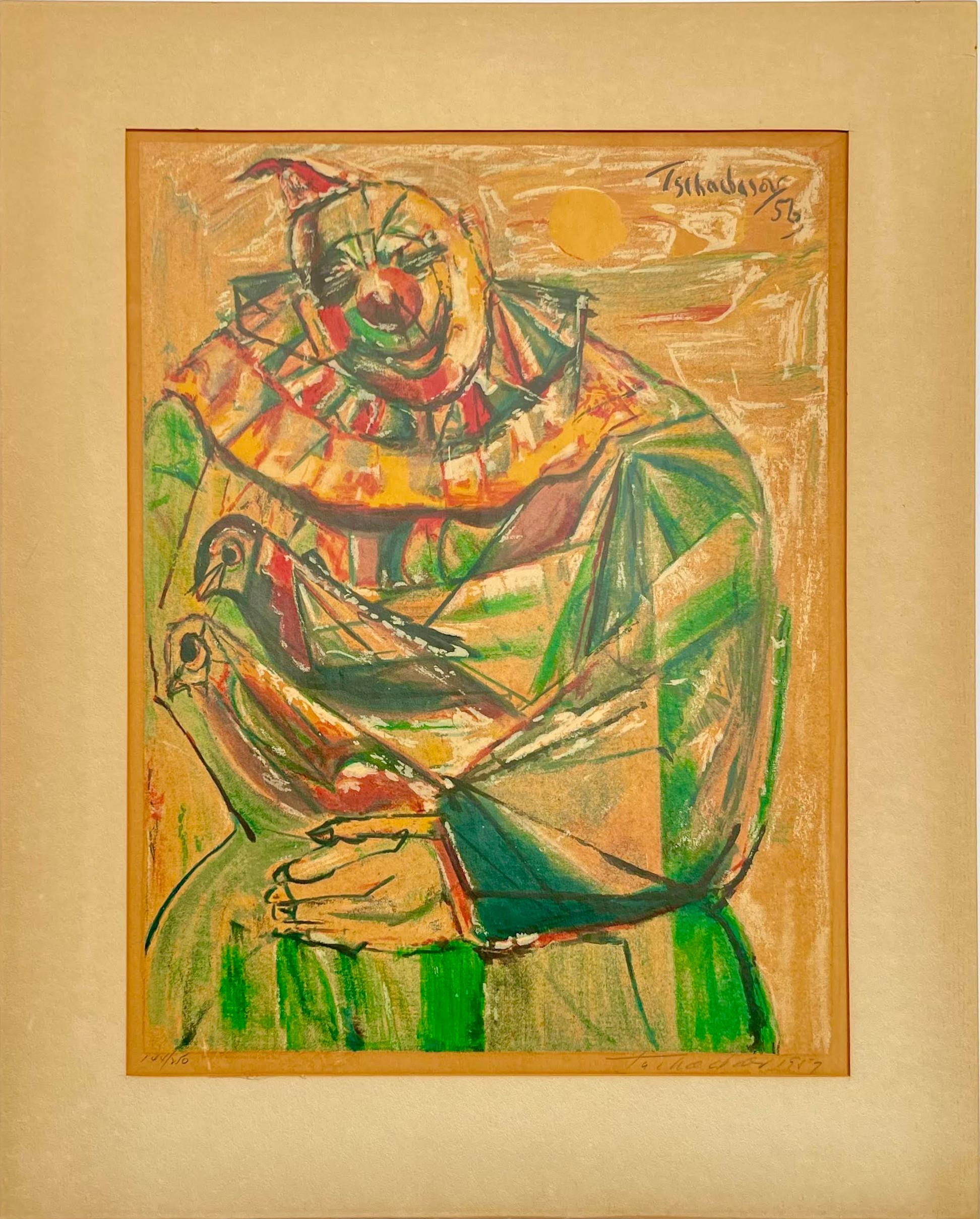 Mid Century Modern Clown print, hand signed 144/250 Russian born American artist - Expressionist Print by Nahum Tschacbasov
