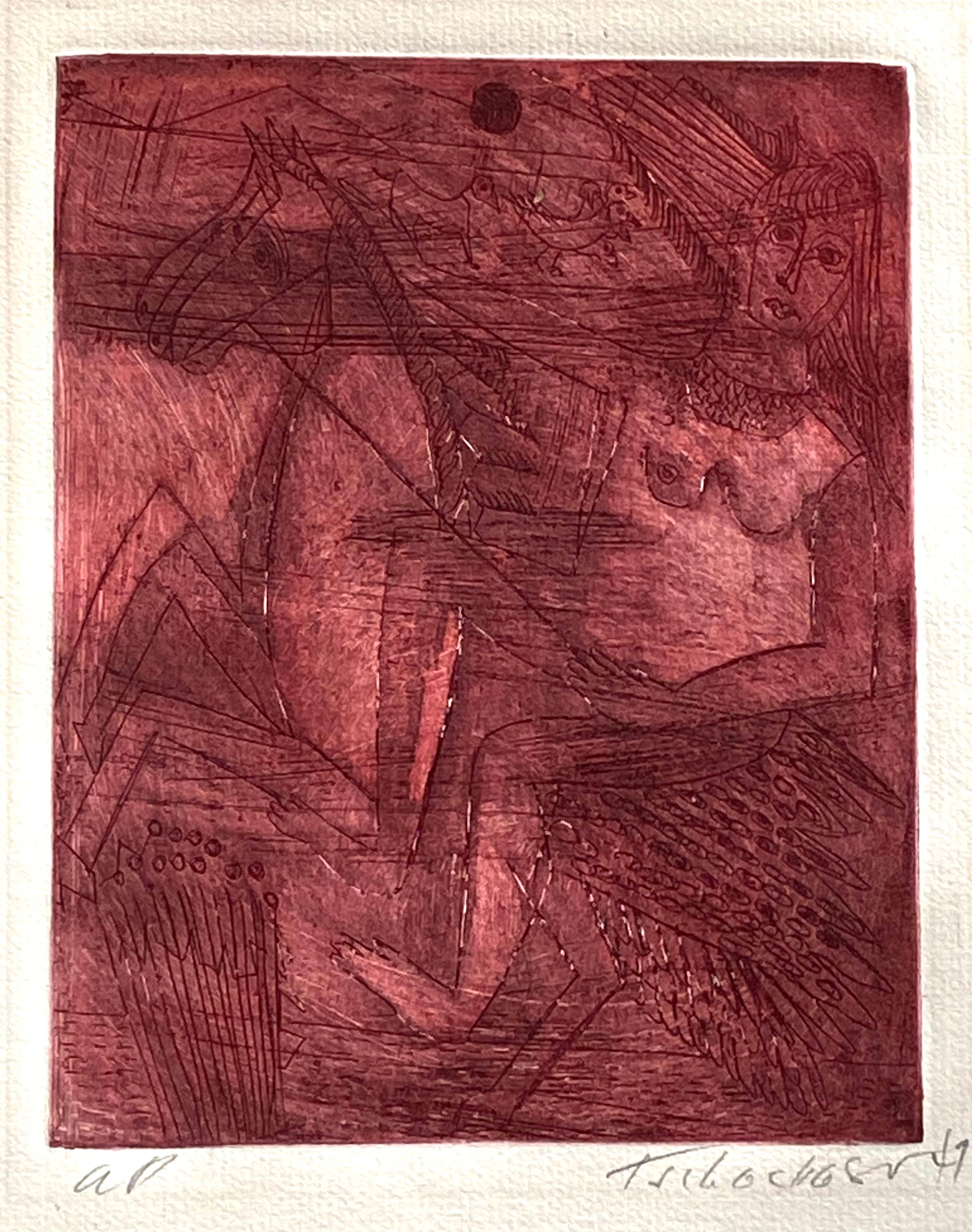Hand colored original artist proof etching by the well known Russian/American artist Nahum Tschacbasov.  Marked “AP” lower left for artist proof in pencil. Signed by the artist lower right in pencil and dated 1947. Condition is very good. Image size