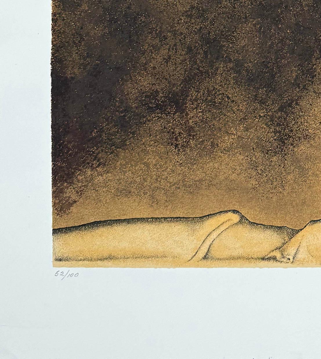 Medium: Lithograph
Edition Size: 100
Image Size: 25.6 × 20

Nahum Zenil’s Otro Sueño (“Another Dream”) merges autobiography, myth, and desire. Across the top register, a frieze of galloping horses charges forward, ridden by a nude figure and a