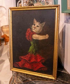 Naïf Painting of Anthropomorphic Cat in Red Dress, 1950s, Framed