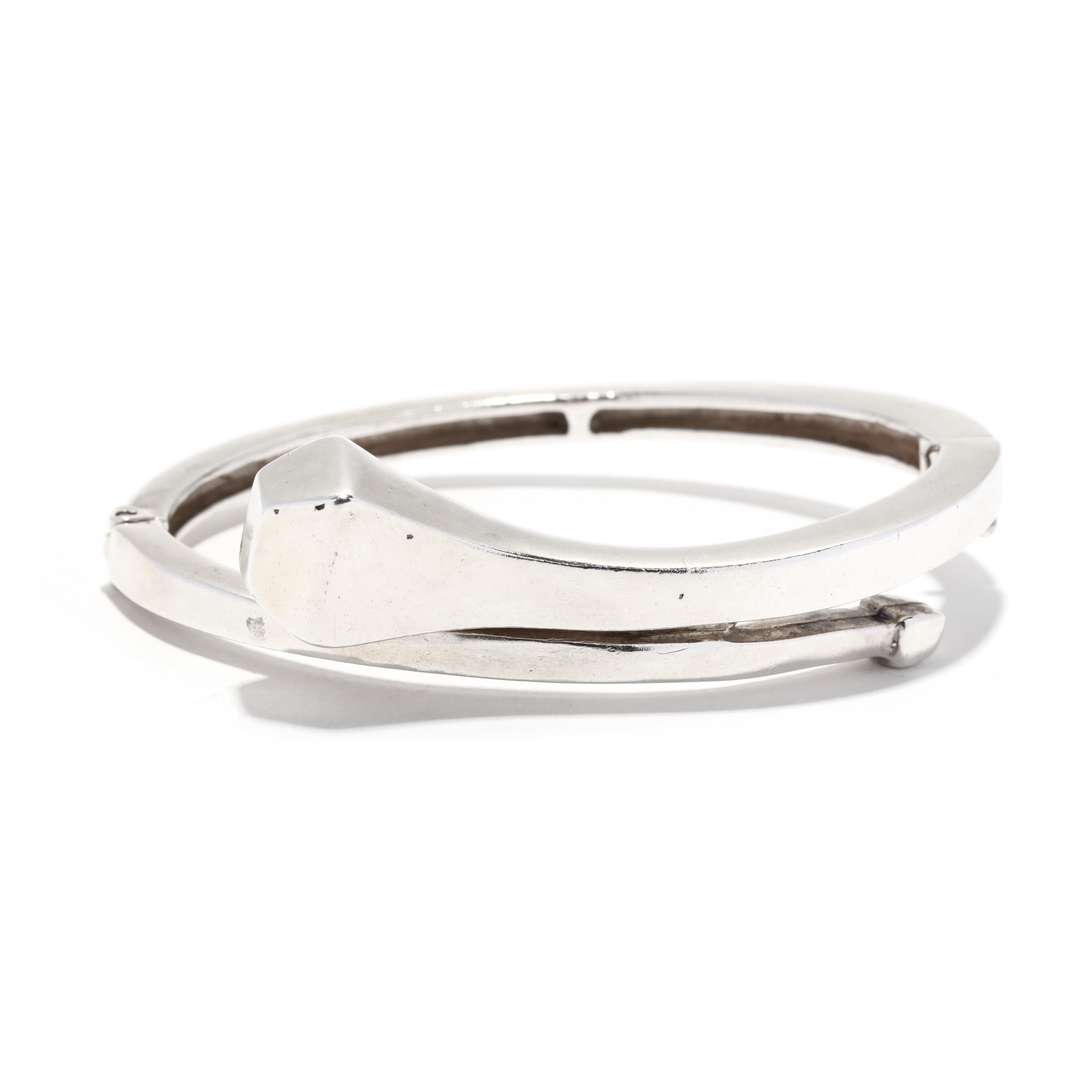 Nail Shaped Crossover Bangle Bracelet, Sterling Silver, Minimalist 