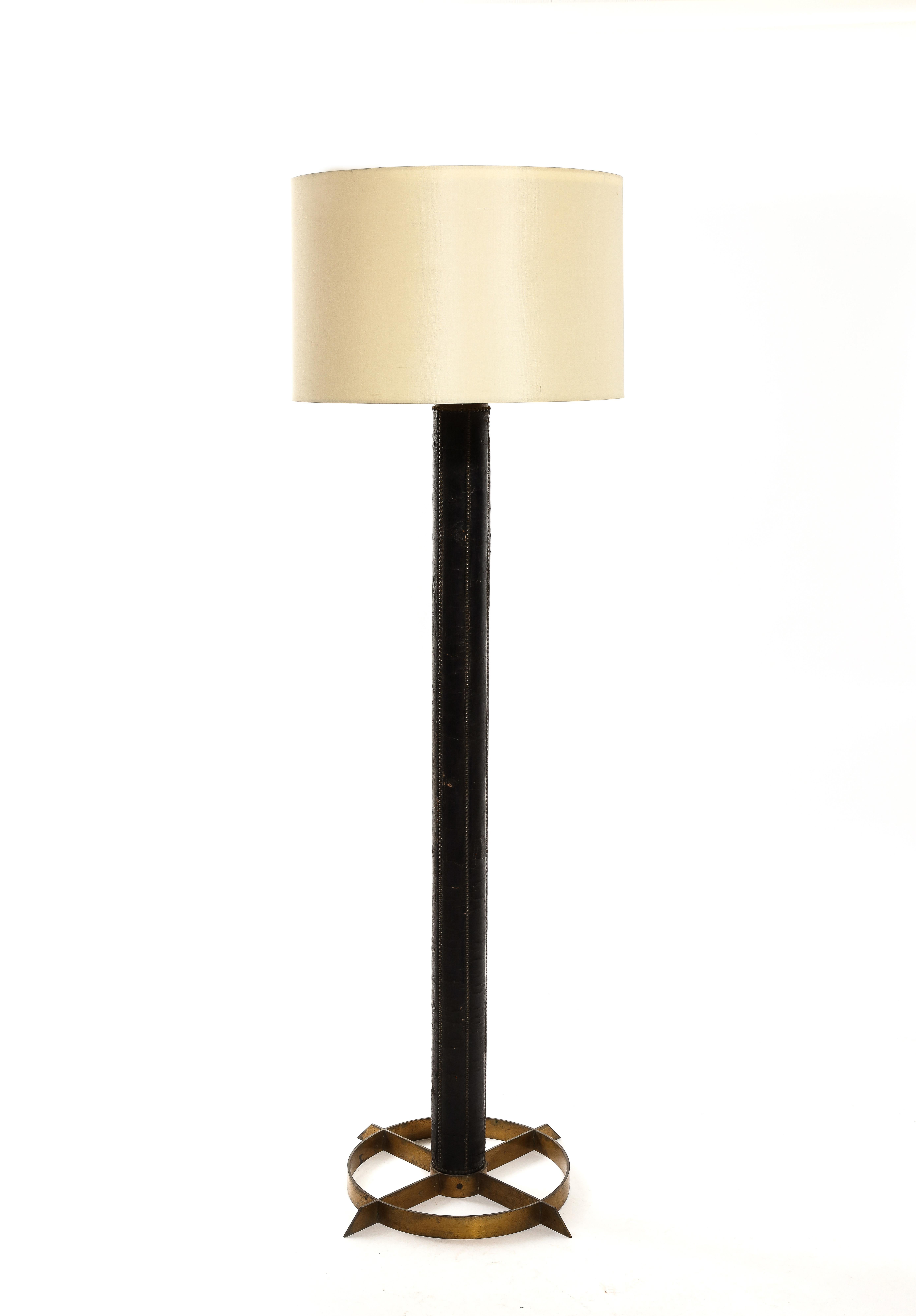 Nail Studded Leather Floor Lamp, France 1960s For Sale 5