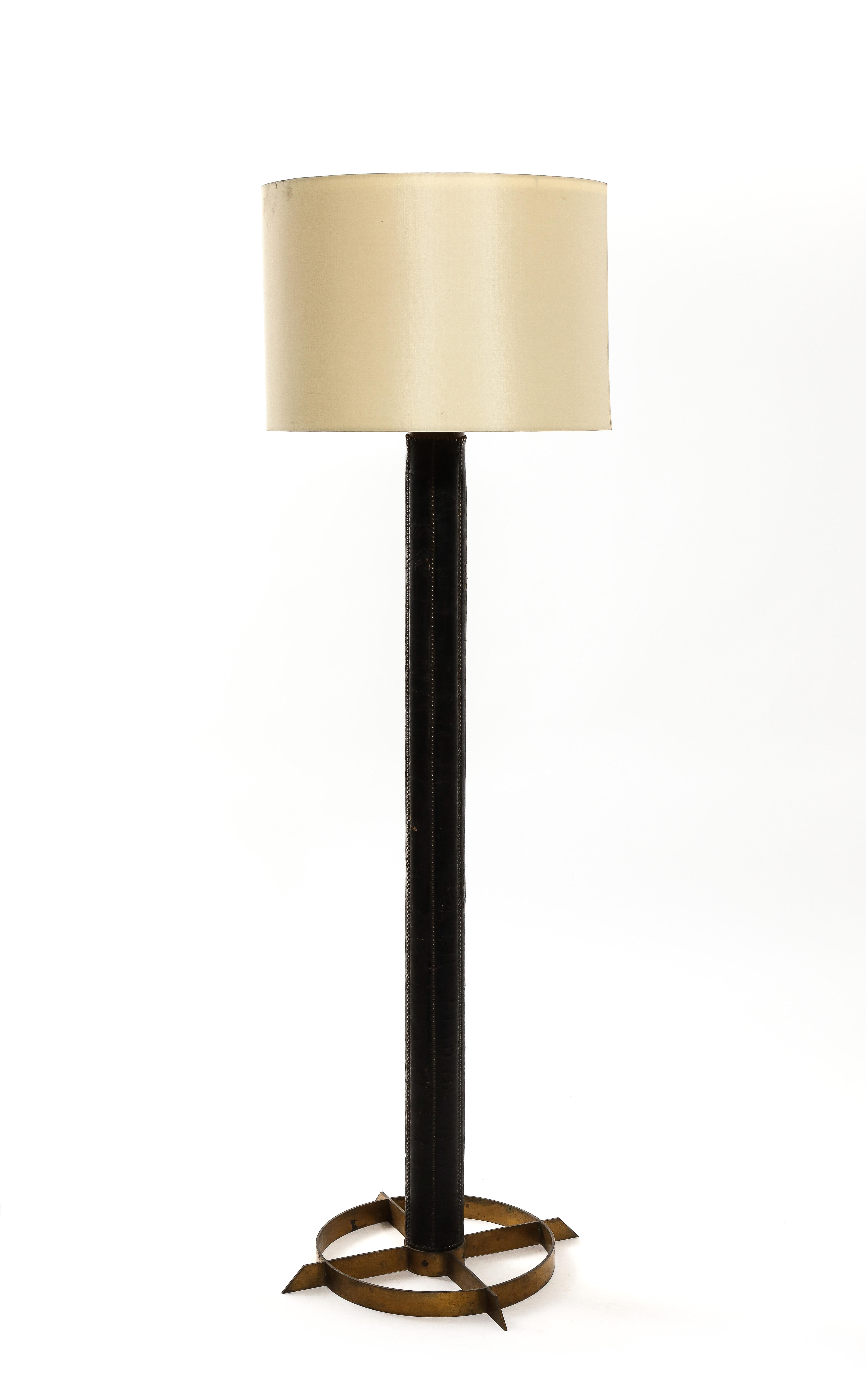 Nail Studded Leather Floor Lamp, France 1960s For Sale 6