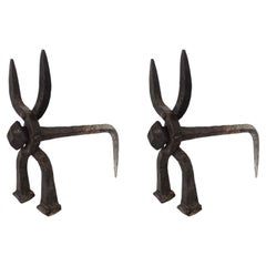 Nails Shaped into a Surreal Bull Figure Andirons in Wrought Iron, Italy 1950