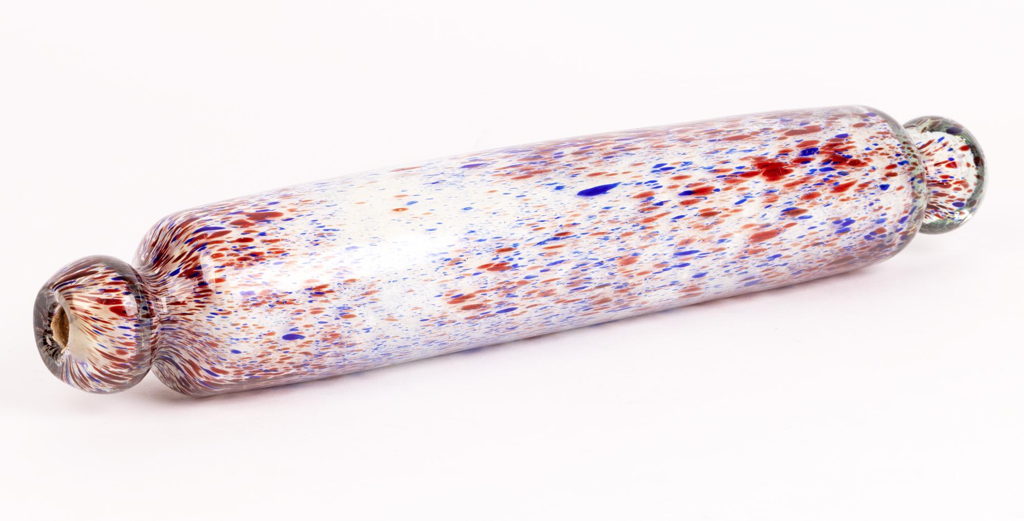 19th Century Nailsea Hand-Blown Antique Glass Rolling Pin with Colored Inclusions For Sale