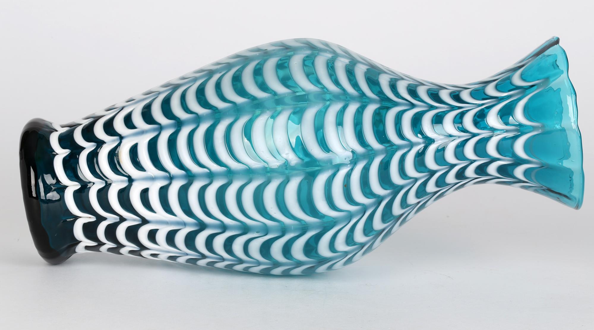19th Century Nailsea Large White Overlay Combed Pattern Turquoise Glass Vase