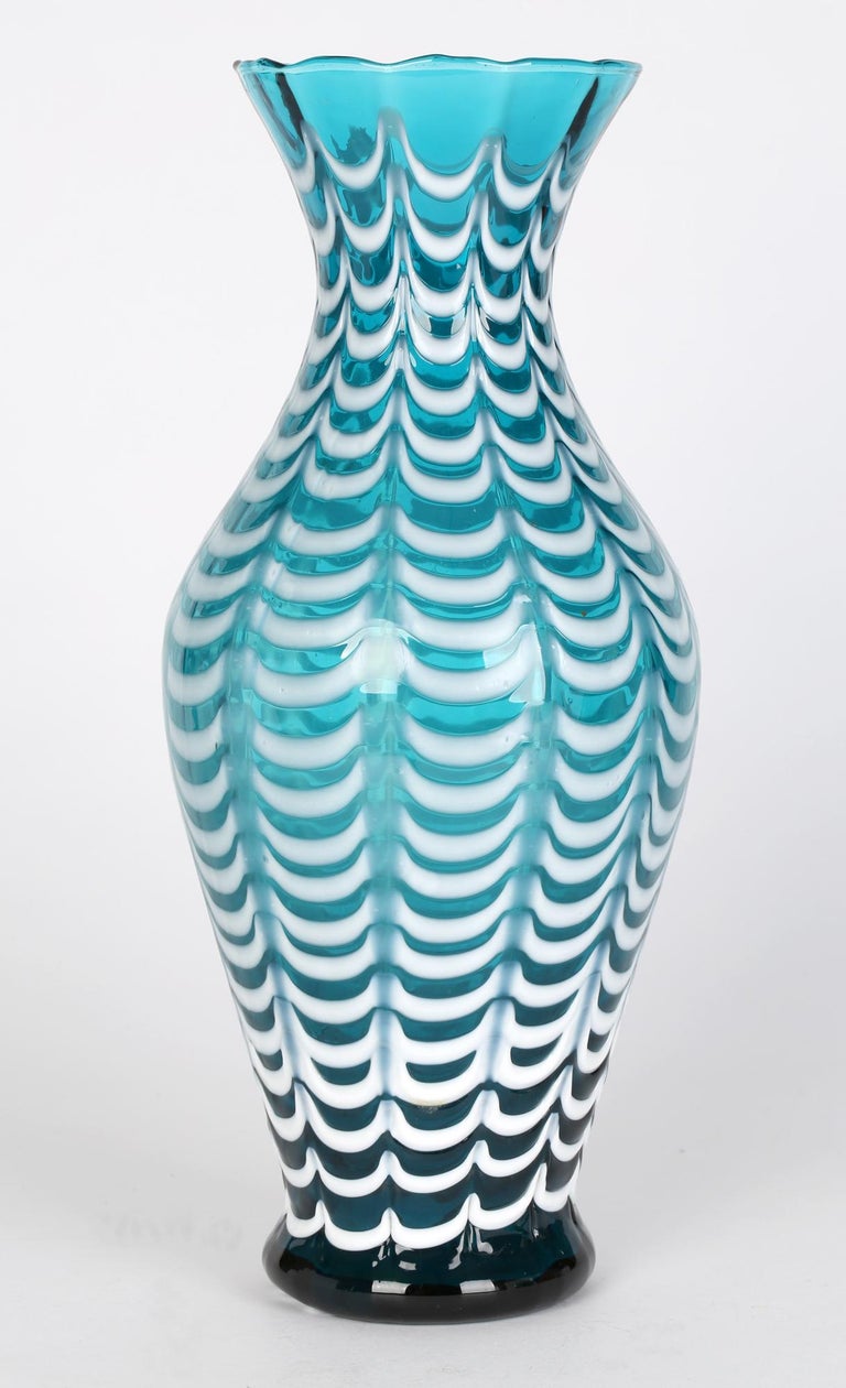 Nailsea Large White Overlay Combed Pattern Turquoise Glass Vase at 1stDibs  | nailsea glass vase, large turquoise glass vase