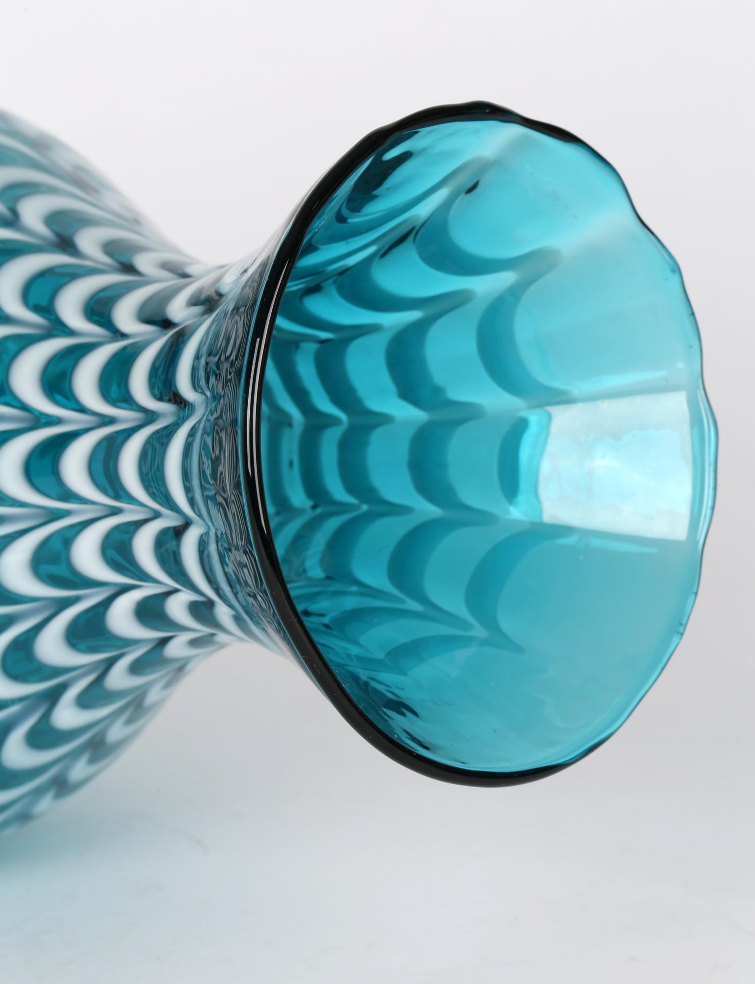 English Nailsea Large White Overlay Combed Pattern Turquoise Glass Vase
