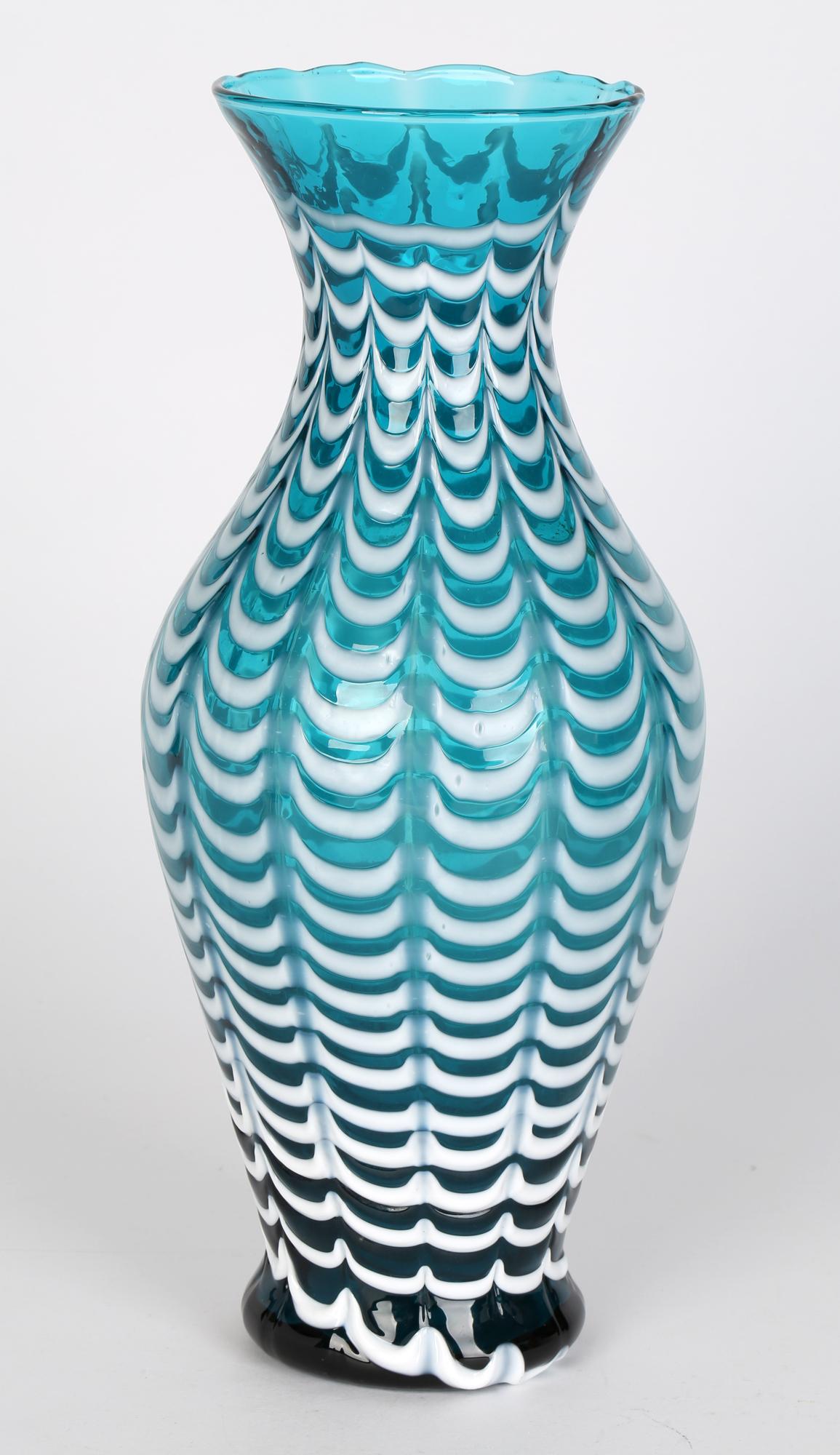 Nailsea Large White Overlay Combed Pattern Turquoise Glass Vase In Good Condition In Bishop's Stortford, Hertfordshire
