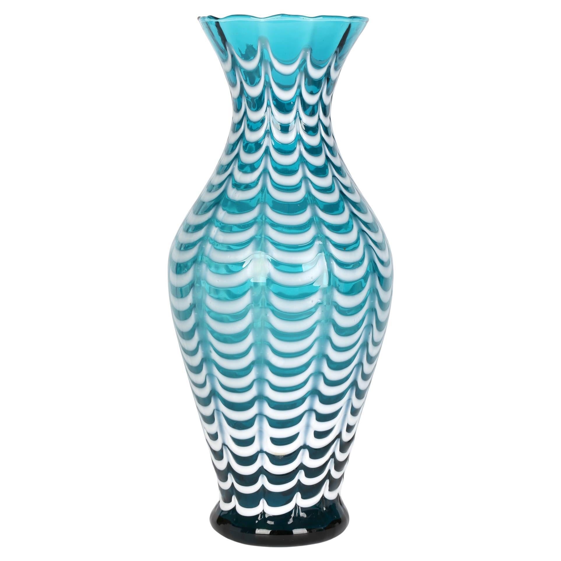 Nailsea Large White Overlay Combed Pattern Turquoise Glass Vase