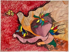 Iraqi Israeli Mod Abstract Oil Painting Naim Basson Modernist Art Dove of Peace