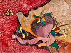 Iraqi Israeli Mod Abstract Oil Painting Naim Basson Modernist Art Dove of Peace