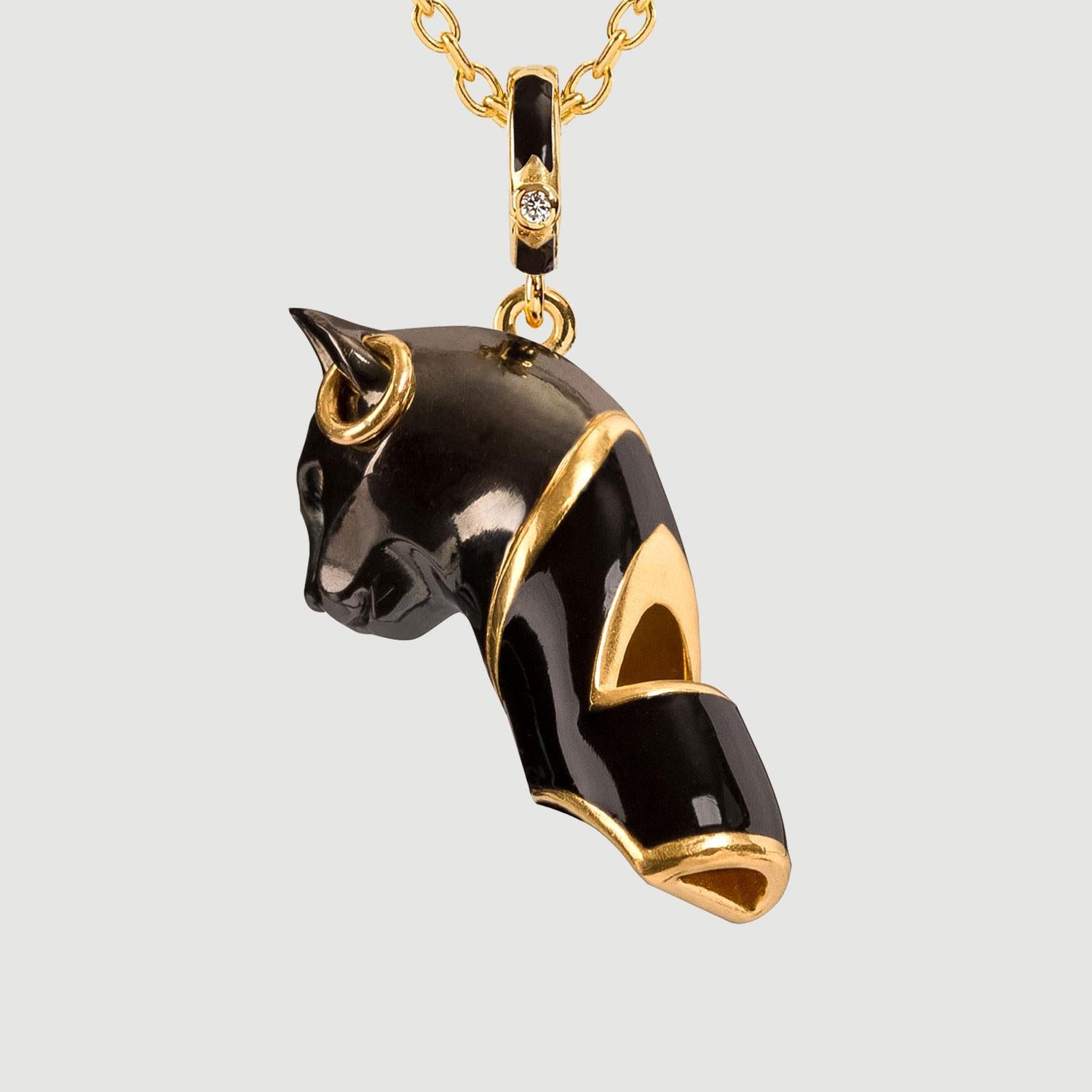 This Cat Whistle Necklace boasts a timeless design inspired by ancient Egyptian goddess Bastet, and is carefully handcrafted in Istanbul with precision to evoke a high decibel sound. It is artfully fashioned with black enamel and luxe gold vermeil.