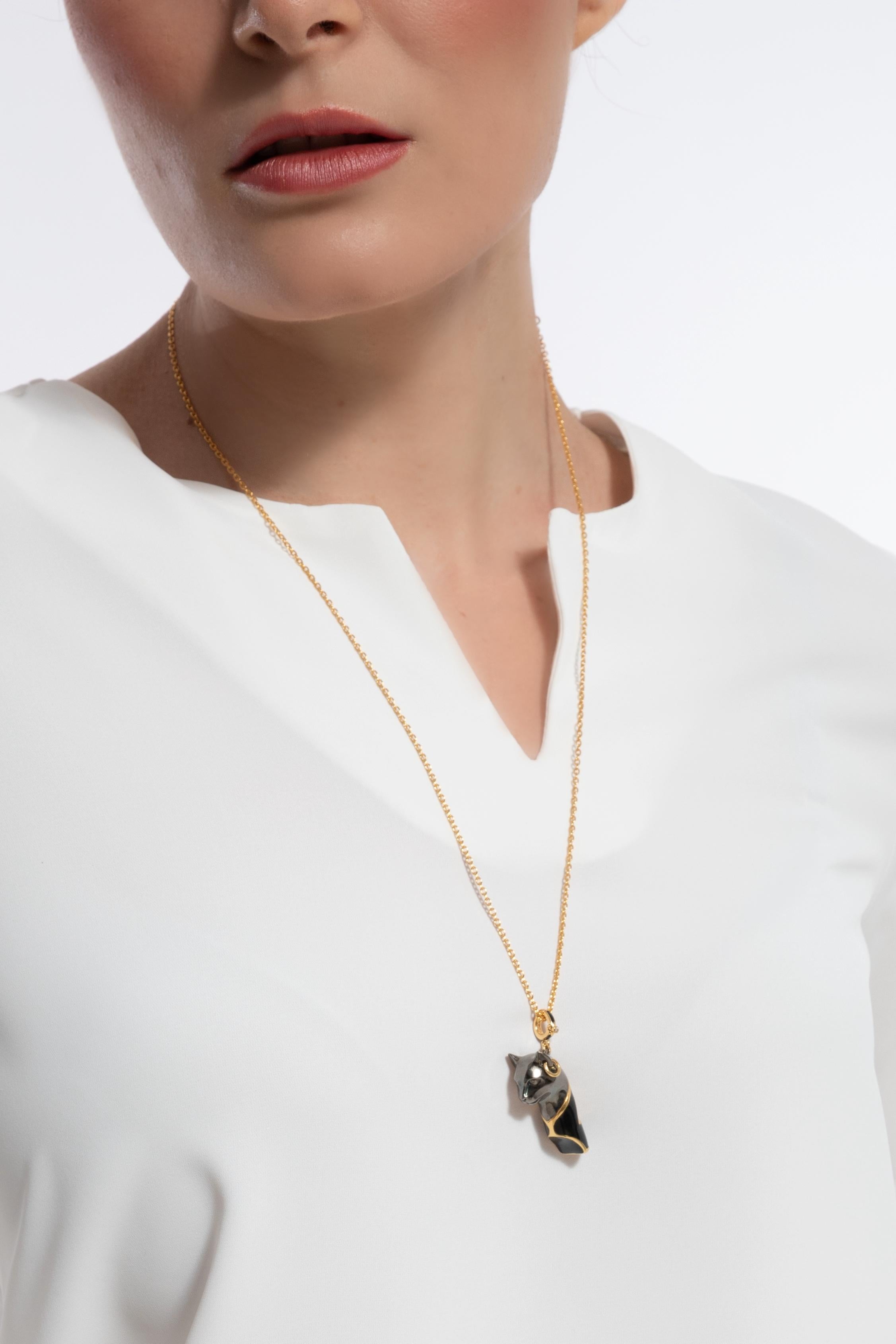 Naimah Cat Whistle Pendant Bastet Necklace, Black Enamel For Sale 3