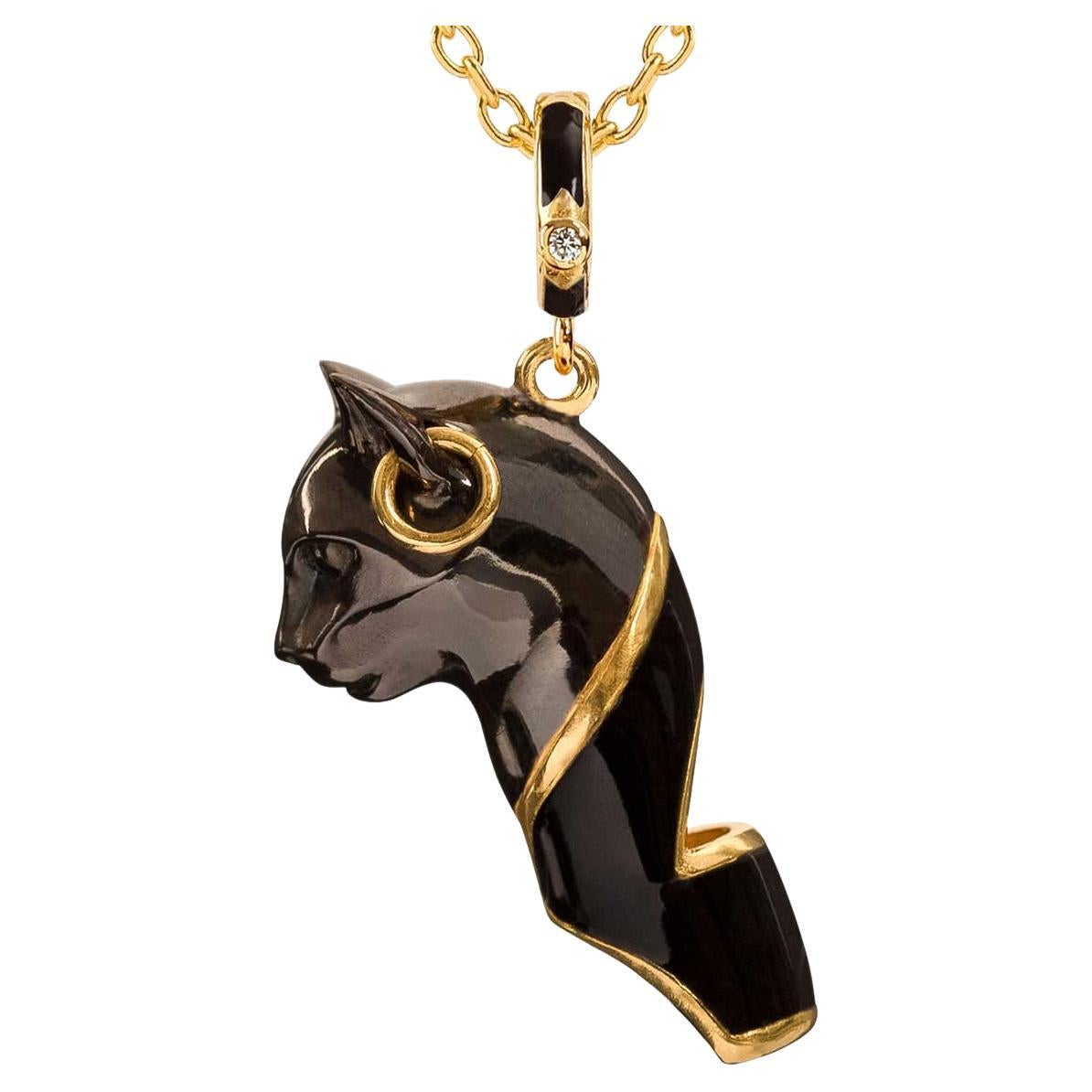 Collana Bastet con ciondolo a forma di fischio di gatto di Naimah, smalto nero in vendita