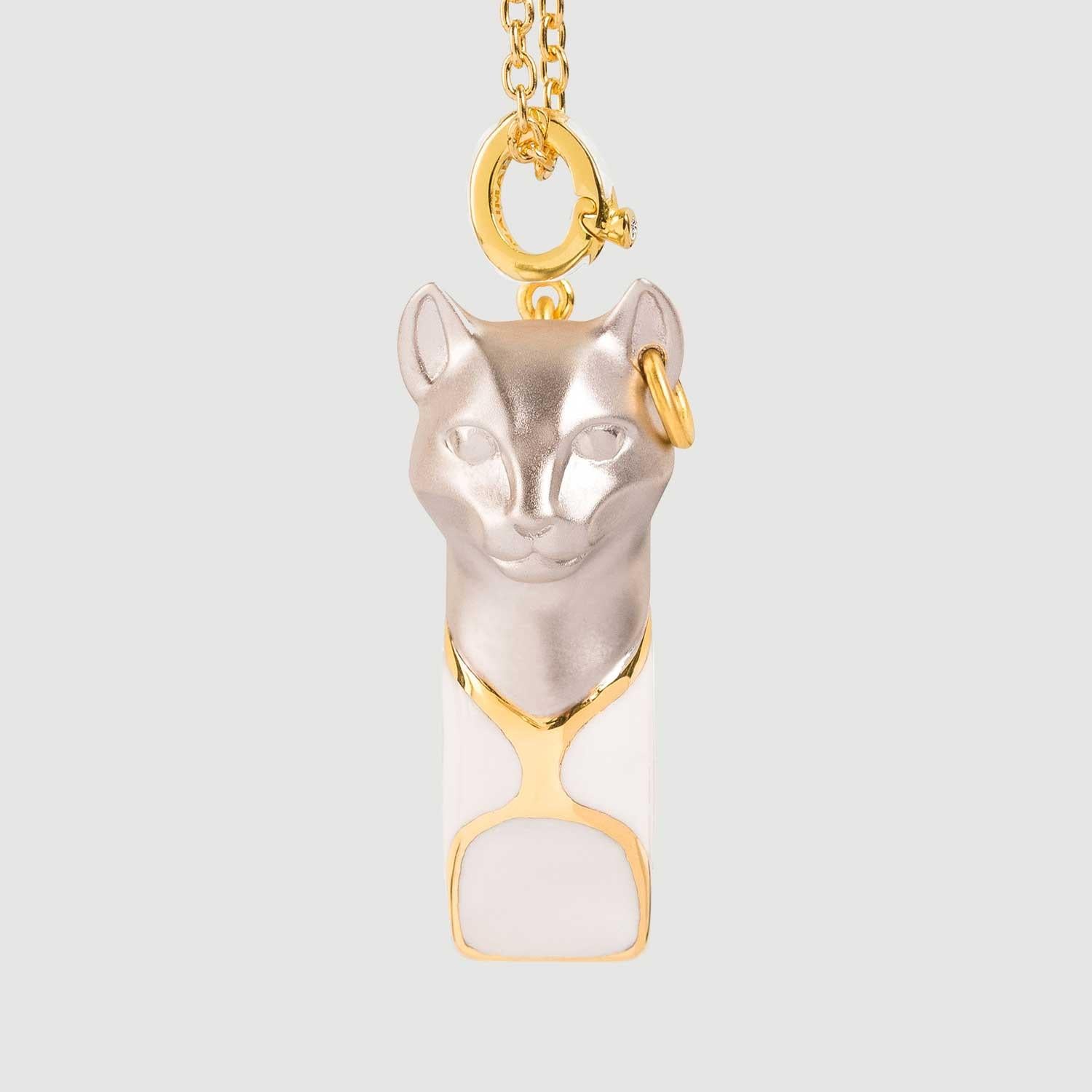 Modern Naimah Cat Whistle Pendant Bastet Necklace, White Enamel For Sale