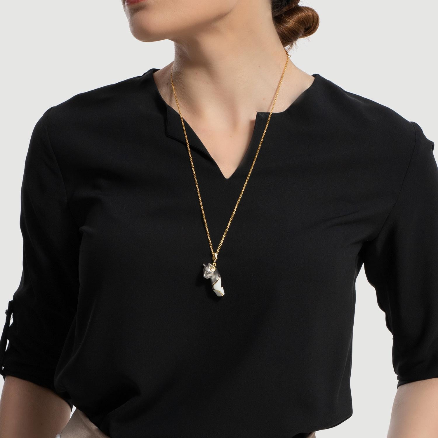 Brilliant Cut Naimah Cat Whistle Pendant Bastet Necklace, White Enamel For Sale