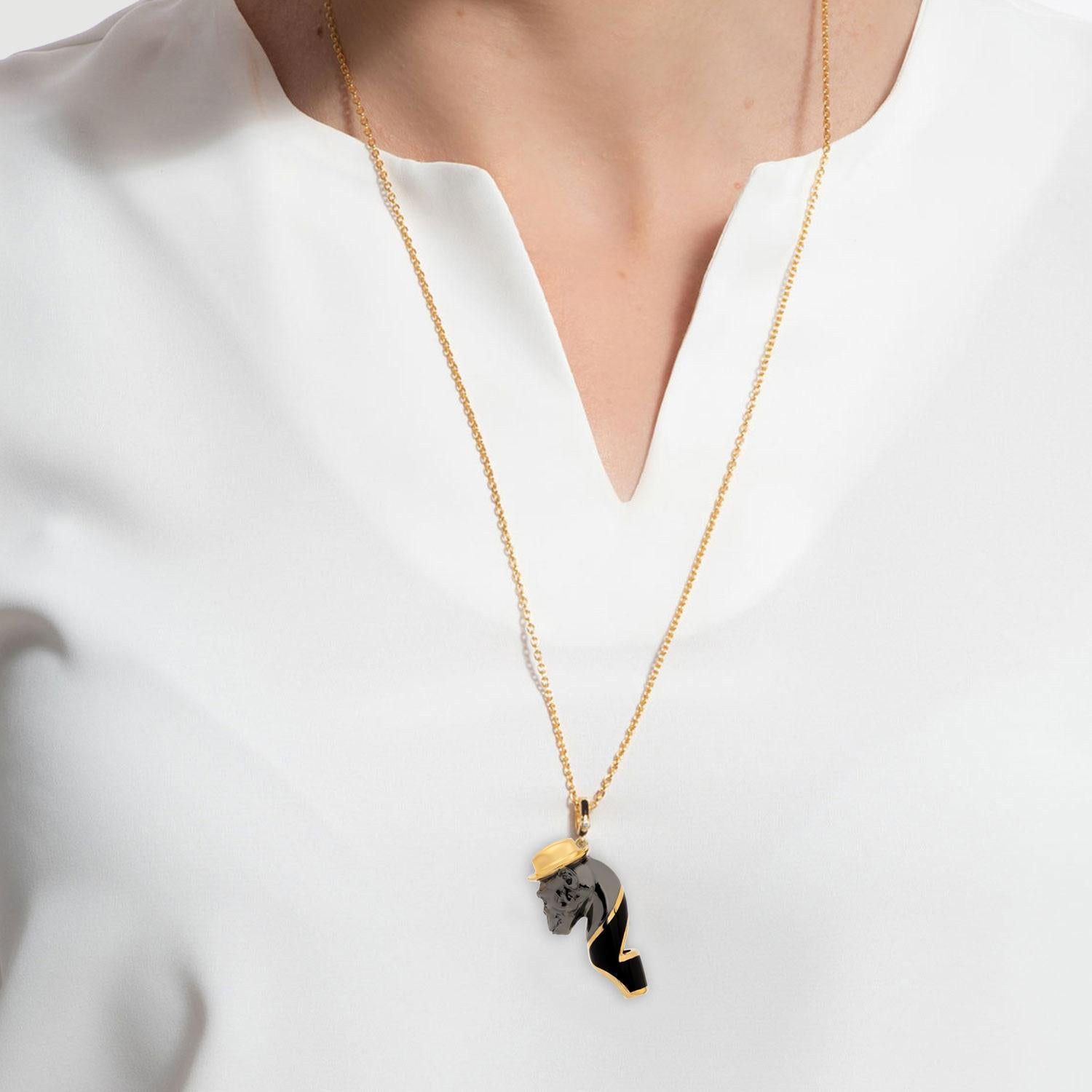 Brilliant Cut Naimah, Chimp Whistle Pendant Necklace, Black Enamel For Sale