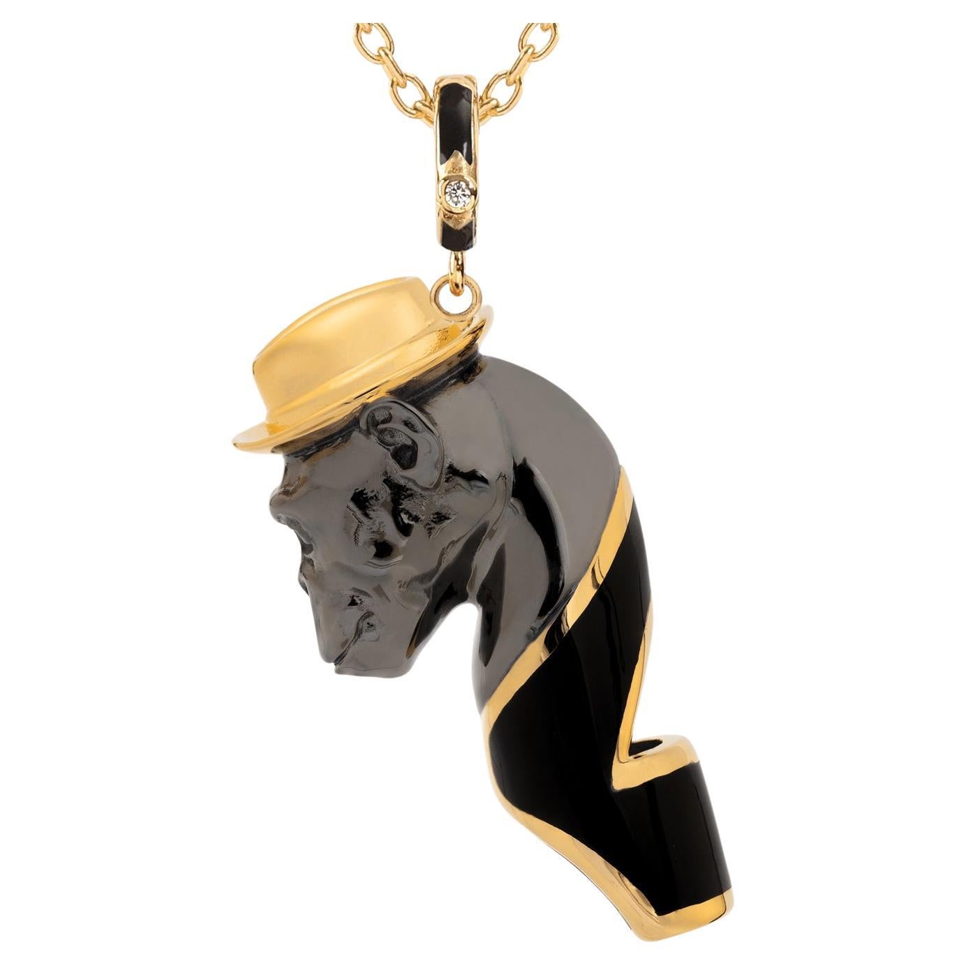 Naimah, Chimp Whistle Pendant Necklace, Black Enamel For Sale