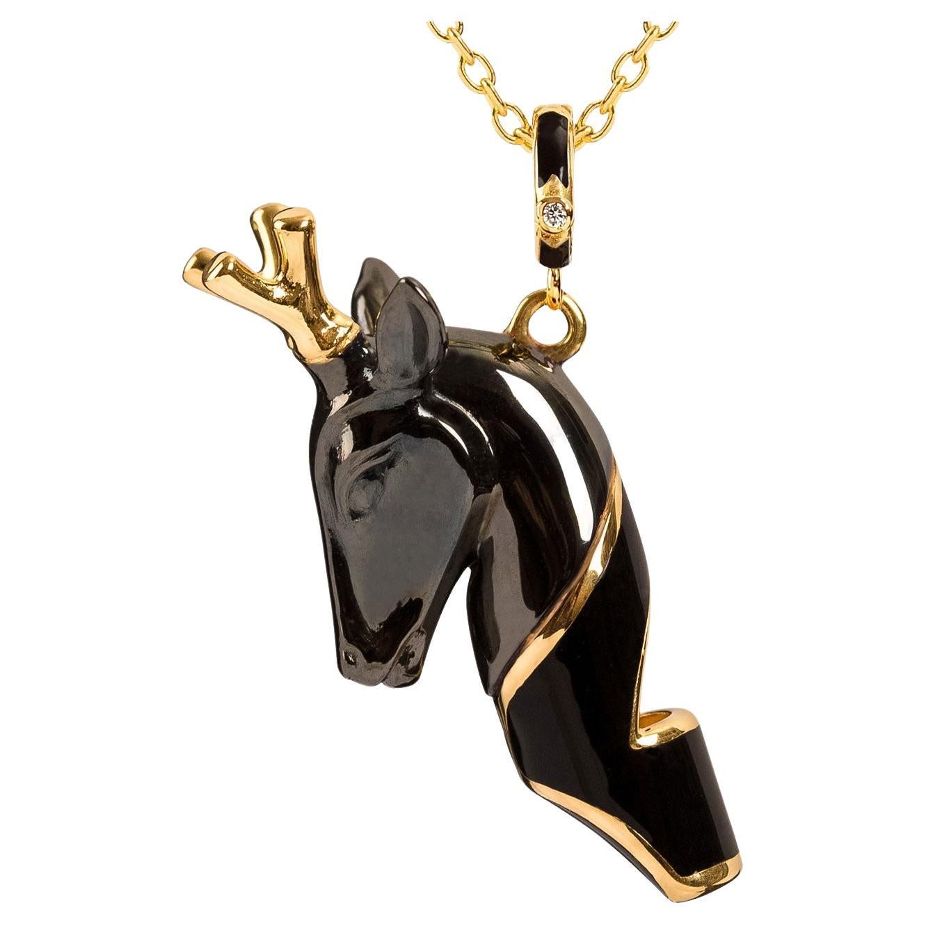 Naimah, Deer Whistle Pendant Necklace, Black Enamel For Sale