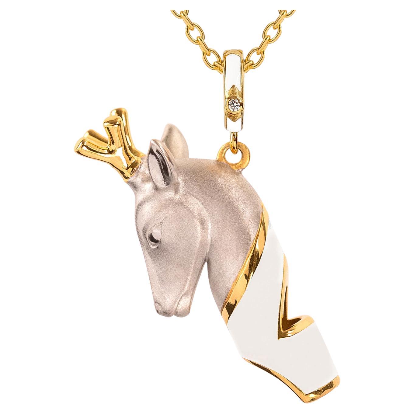 Naimah, Deer Whistle Pendant Necklace, White Enamel For Sale