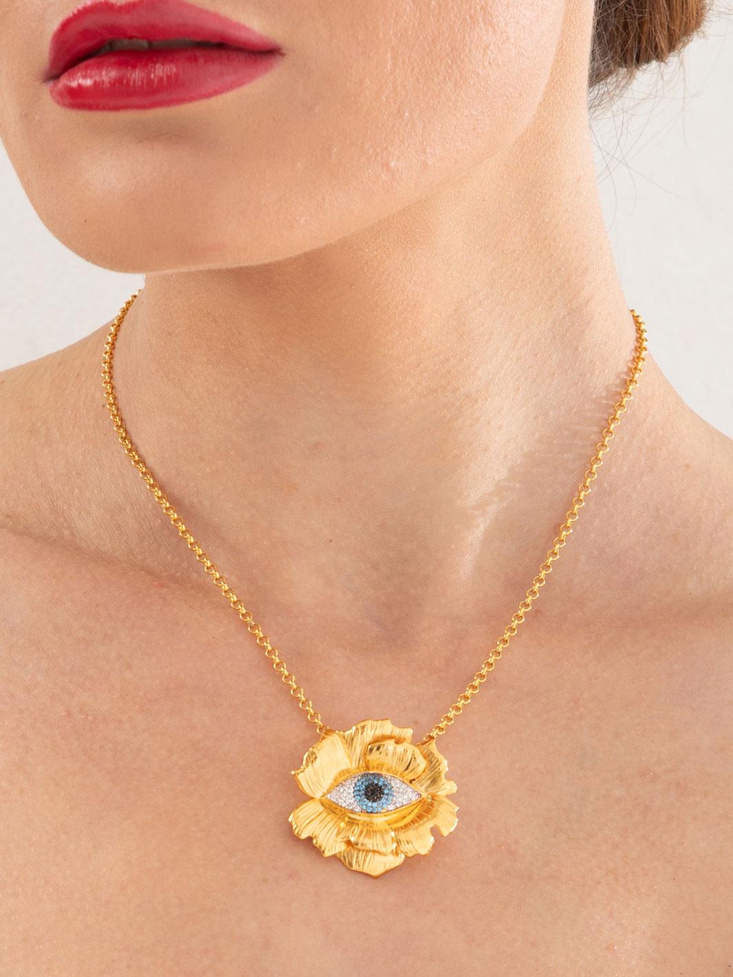 Brilliant Cut Naimah Evil Eye Flower Statement Necklace For Sale