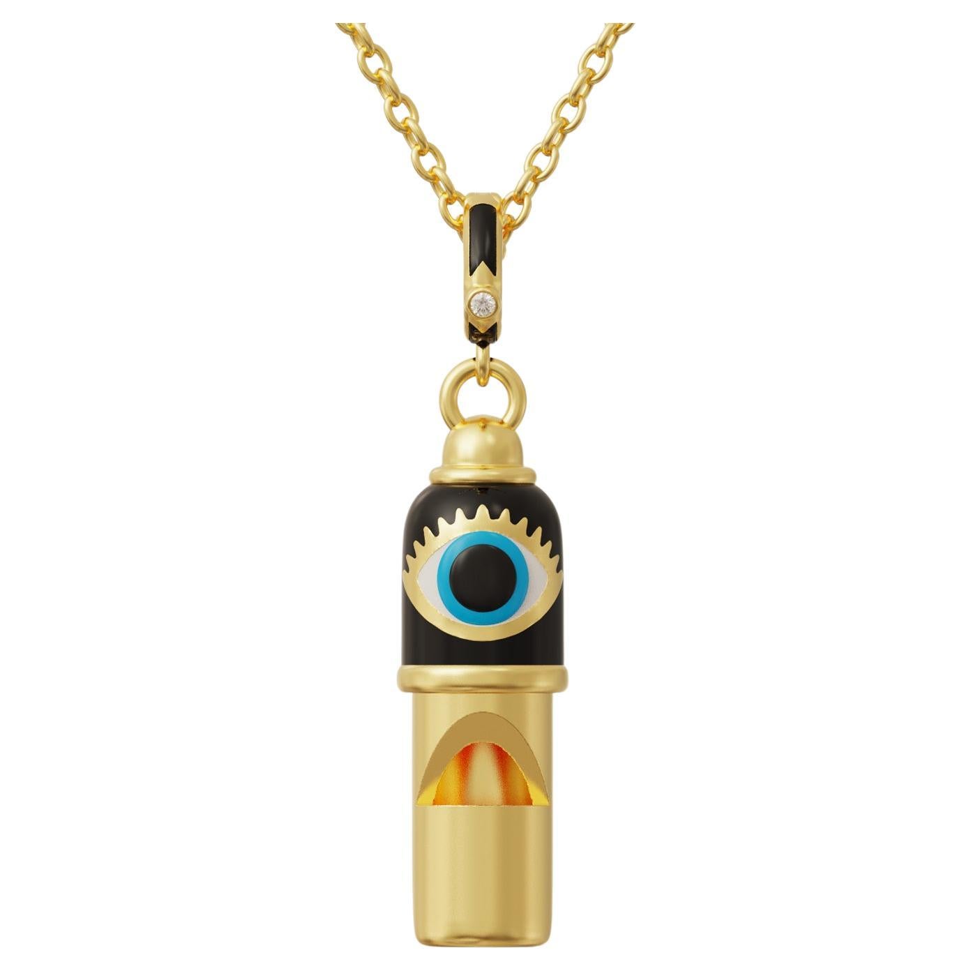 Naimah, collier pendentif Evil Eye Whistle en émail noir en vente