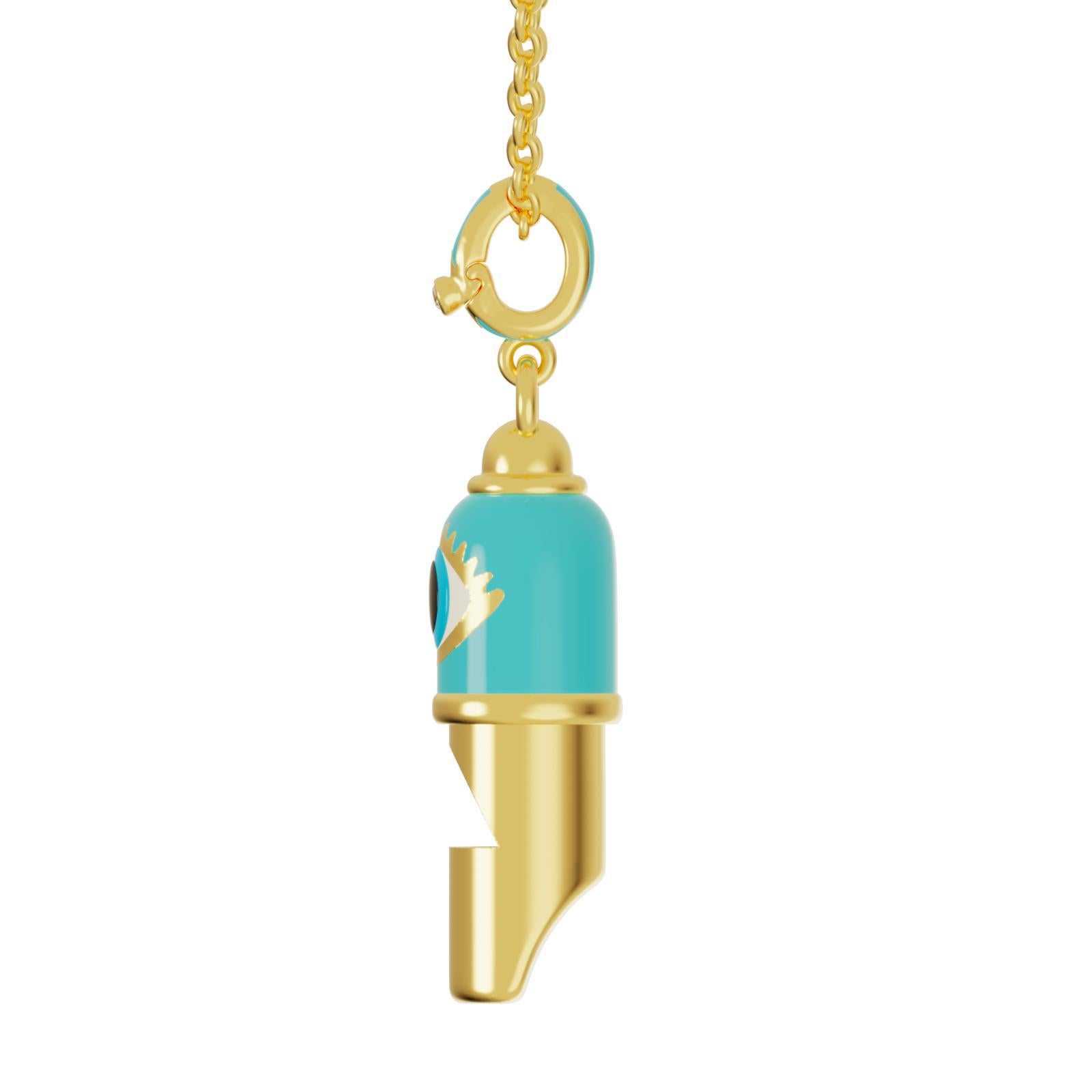 Introducing our exquisite Evil Eye Whistle Pendant Necklace, a stunning combination of elegance, functionality, and spiritual significance. This gold vermeil pendant is thoughtfully crafted to enhance your style while providing actual and spiritual