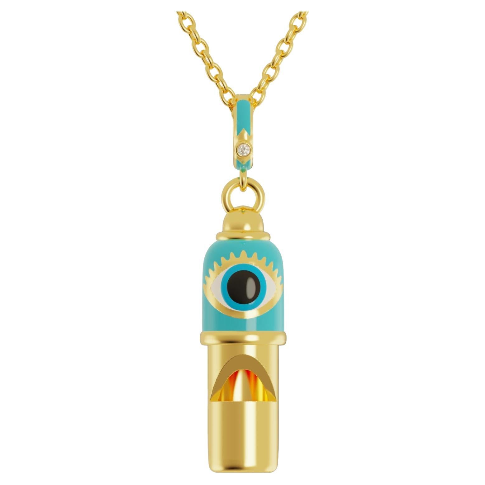 Naimah, Evil Eye Whistle Pendant Necklace, Blue Enamel For Sale