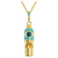 Vintage Naimah, Evil Eye Whistle Pendant Necklace, Blue Enamel