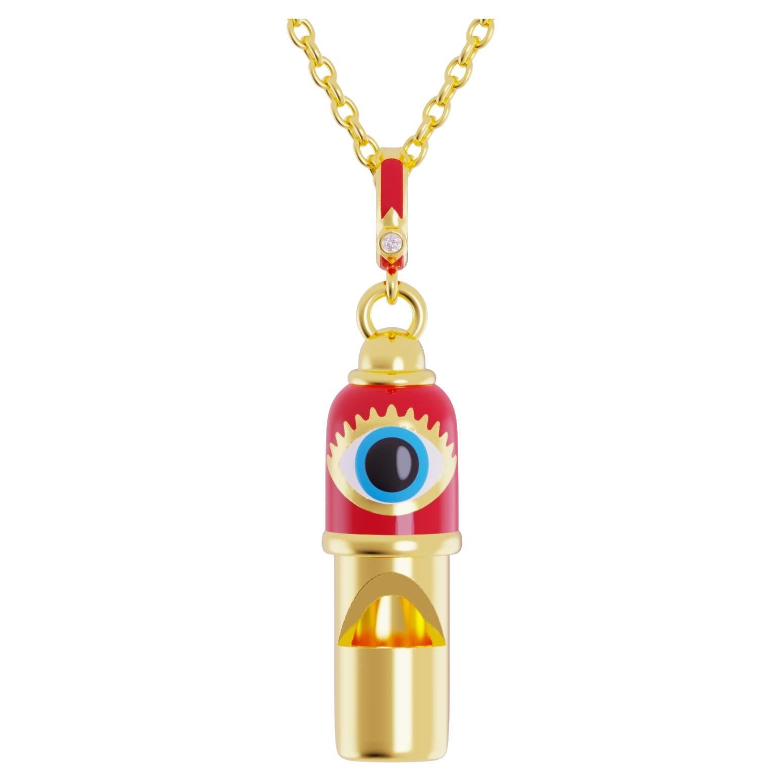 Naimah, Evil Eye Whistle Pendant Necklace, Red Enamel For Sale