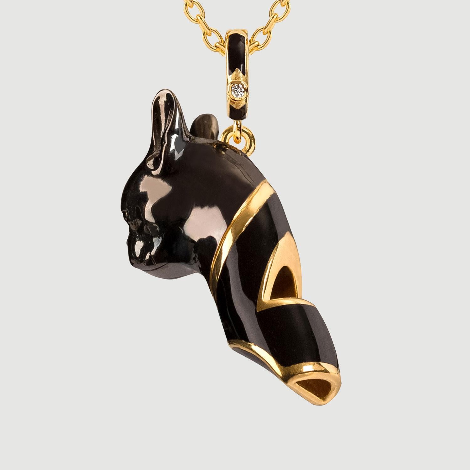 Modern Naimah, French Bulldog Whistle Pendant Necklace, Black Enamel For Sale