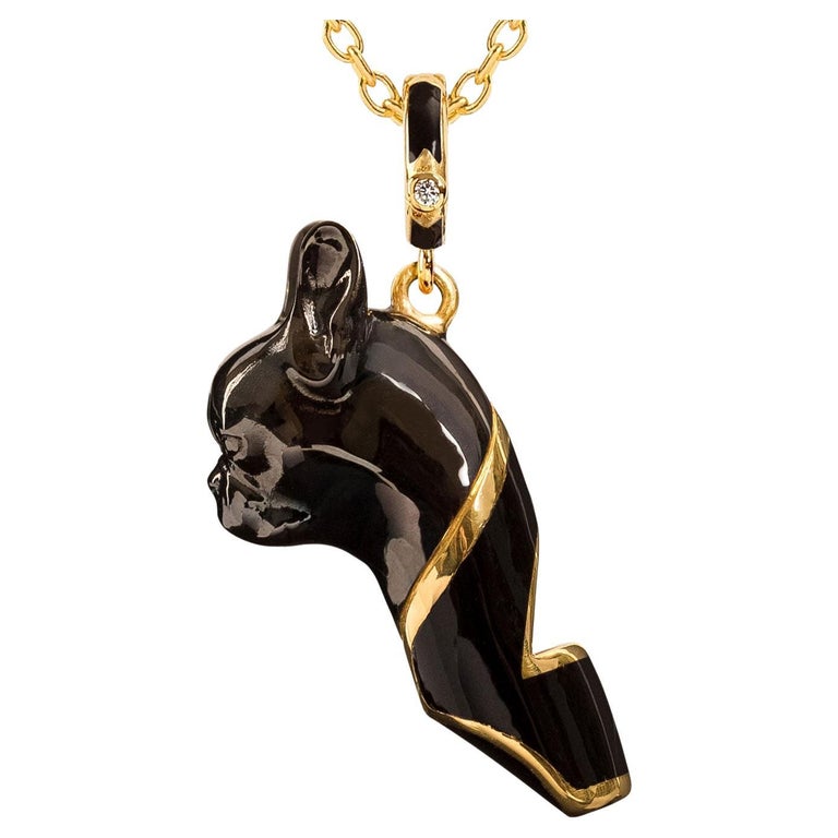 Naimah, French Bulldog Whistle Pendant Necklace, Black Enamel For Sale at 1stDibs