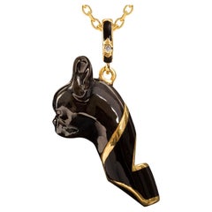 Vintage Naimah, French Bulldog Whistle Pendant Necklace, Black Enamel