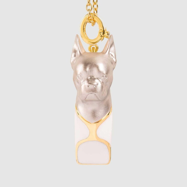 Naimah, French Bulldog Whistle Pendant Necklace, White Enamel at 1stDibs