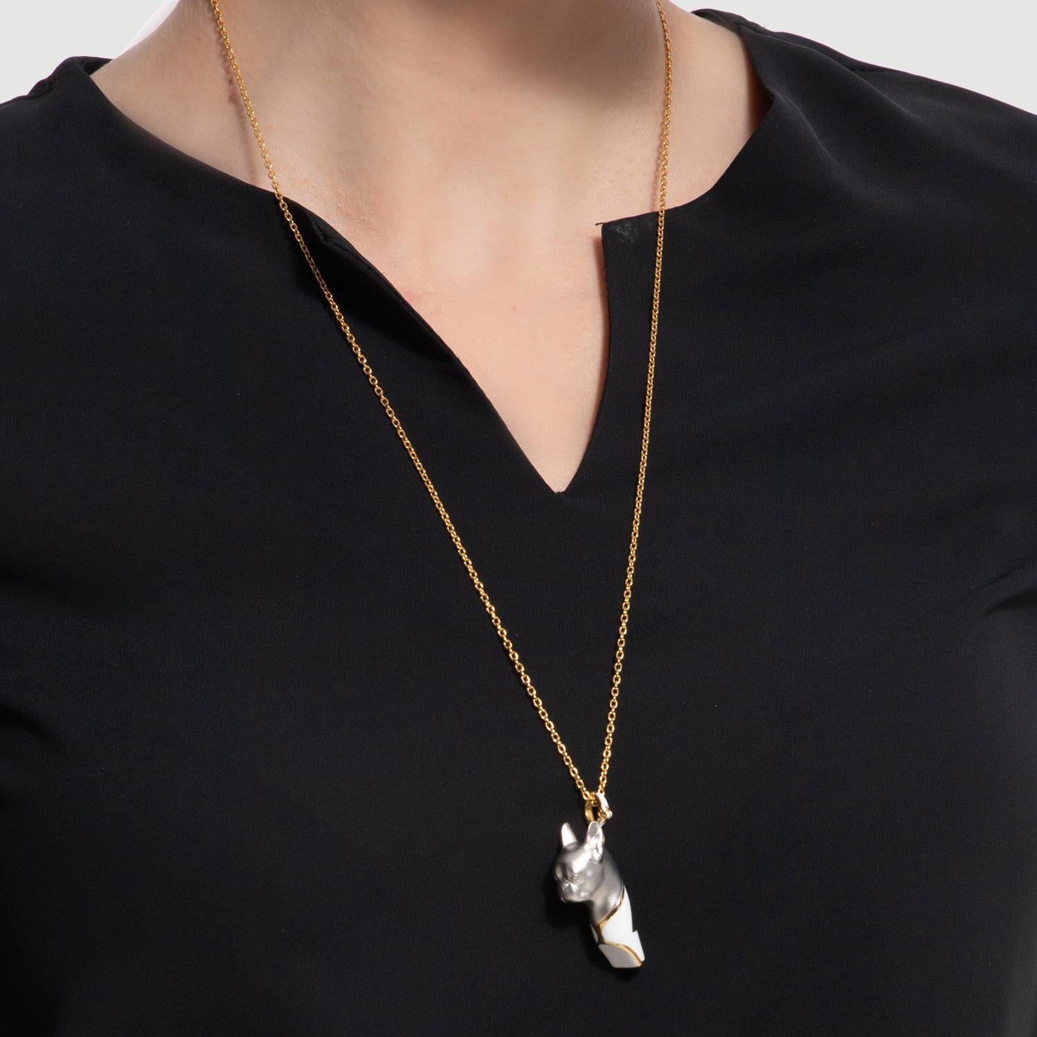 Modern Naimah, French Bulldog Whistle Pendant Necklace, White Enamel