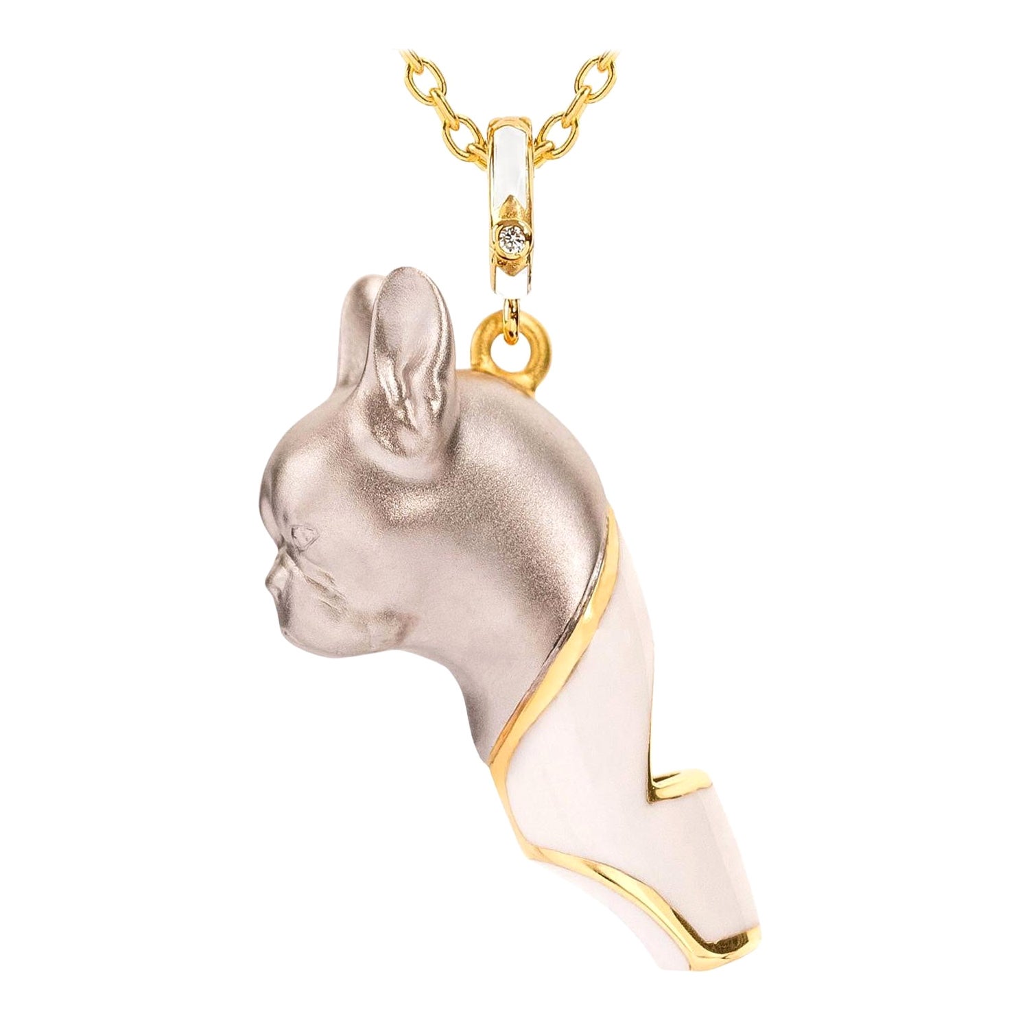 Naimah, French Bulldog Whistle Pendant Necklace, White Enamel For Sale