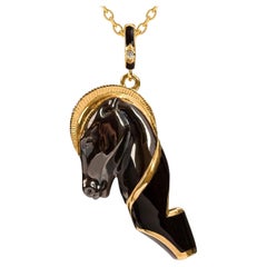 Vintage Naimah, Horse Whistle Pendant Necklace, Black Enamel