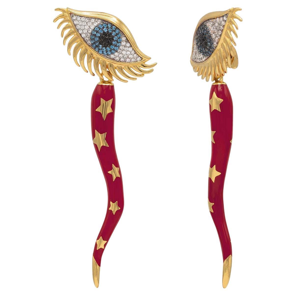 Naimah Italian Horn Earrings, Cornicello Evil Eye Earrings, Red Enamel