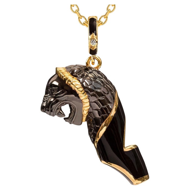 Naimah, Lion Whistle Pendant Necklace, Black Enamel For Sale at 1stDibs