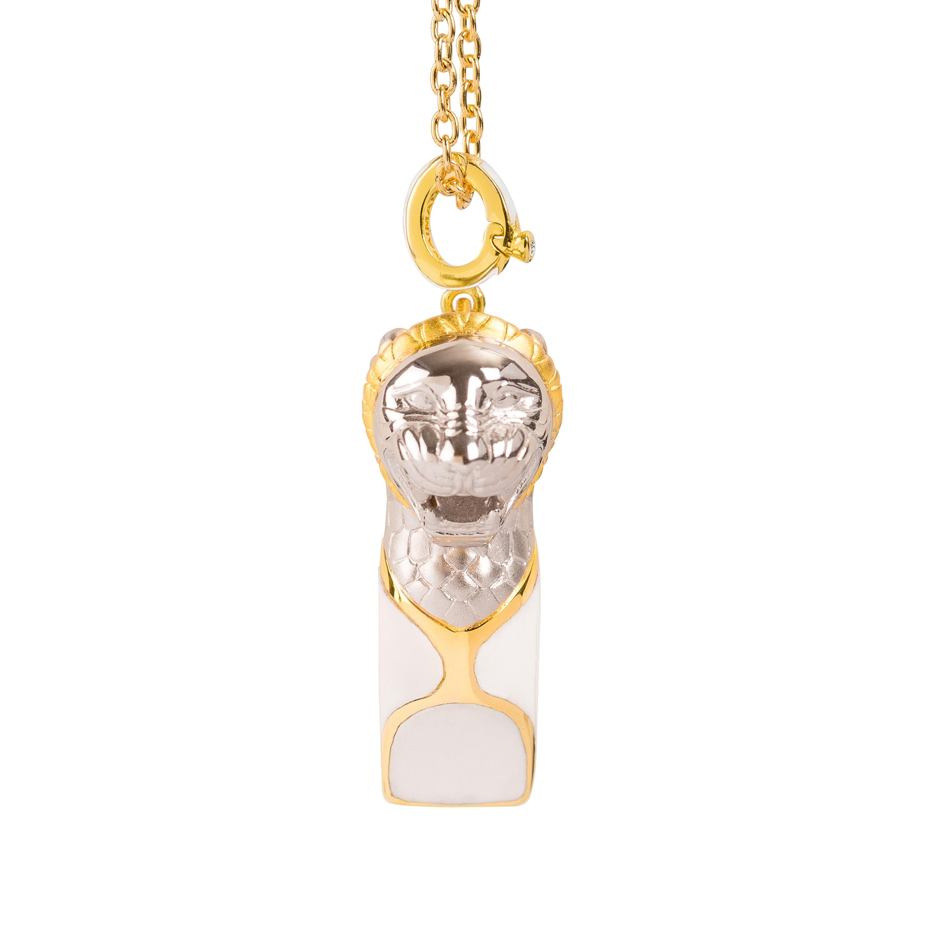 Modern Naimah, Lion Whistle Pendant Necklace, White Enamel For Sale