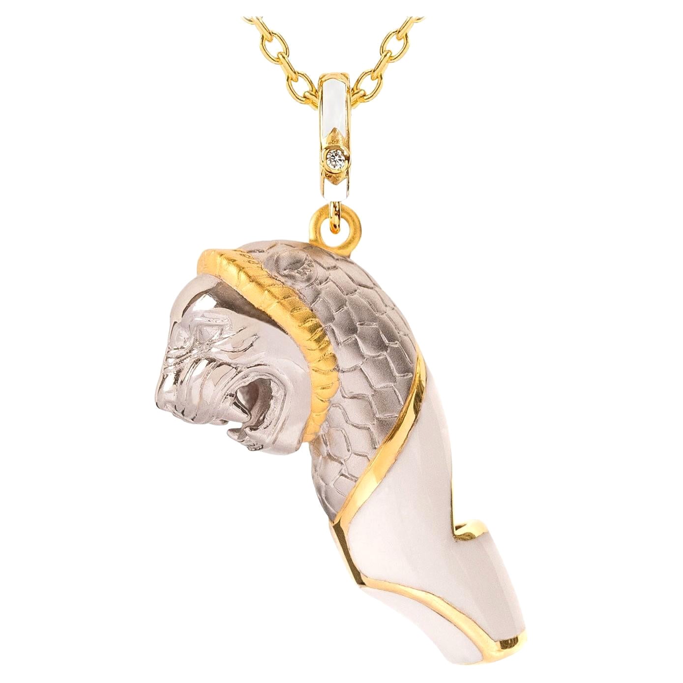 Naimah, Lion Whistle Pendant Necklace, White Enamel For Sale
