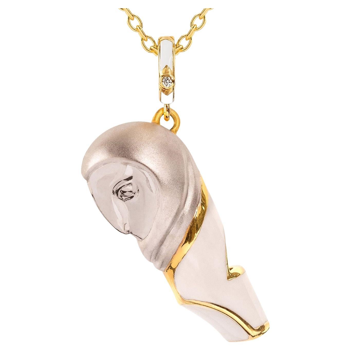 Naimah Owl Whistle Pendant Necklace, White Enamel For Sale