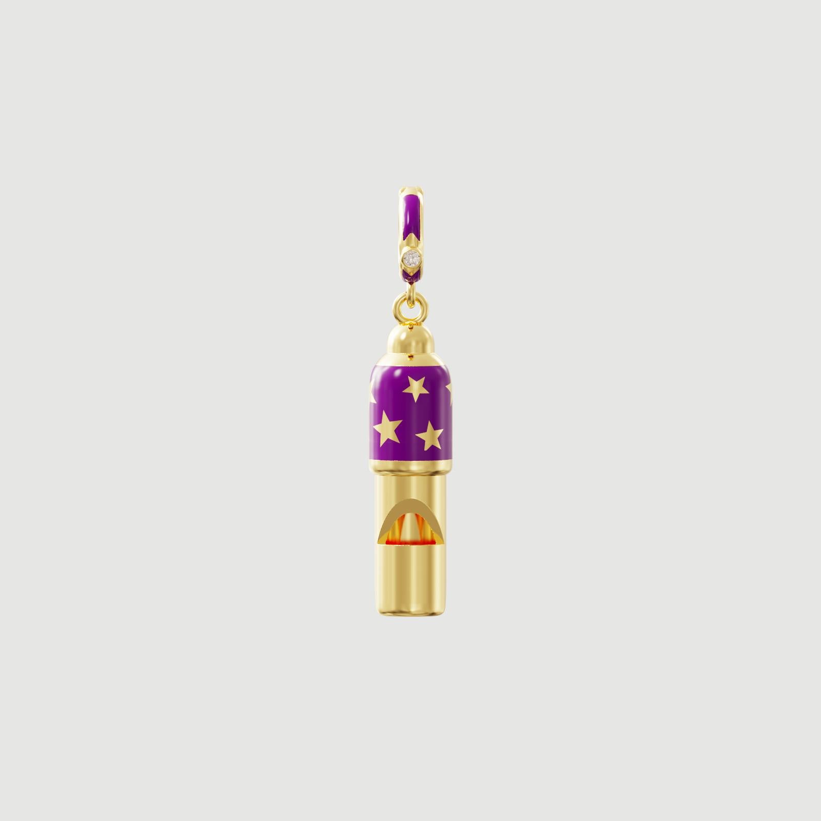 This tiny whistle charm necklace is only 26x7.5 mm in sterling silver, plated with 18K gold. Purple enamel. It is a great companion for your kids. Charm is detachable so that you can attach it to your bracelets and necklaces. It's tiny but yet