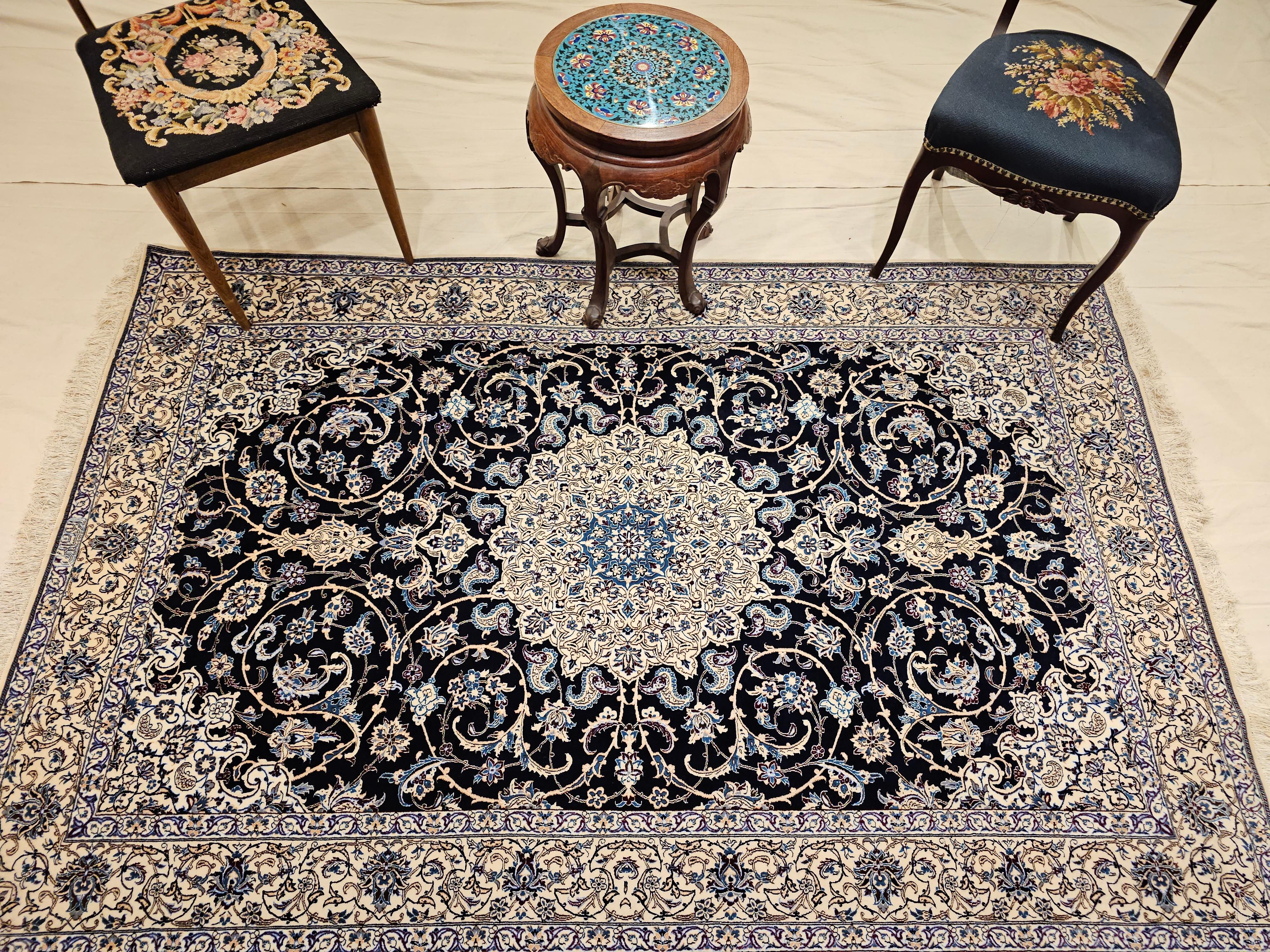 Vintage Persian Nain Habibian Area Rug in Floral Pattern in Navy, Ivory, Blue For Sale 3