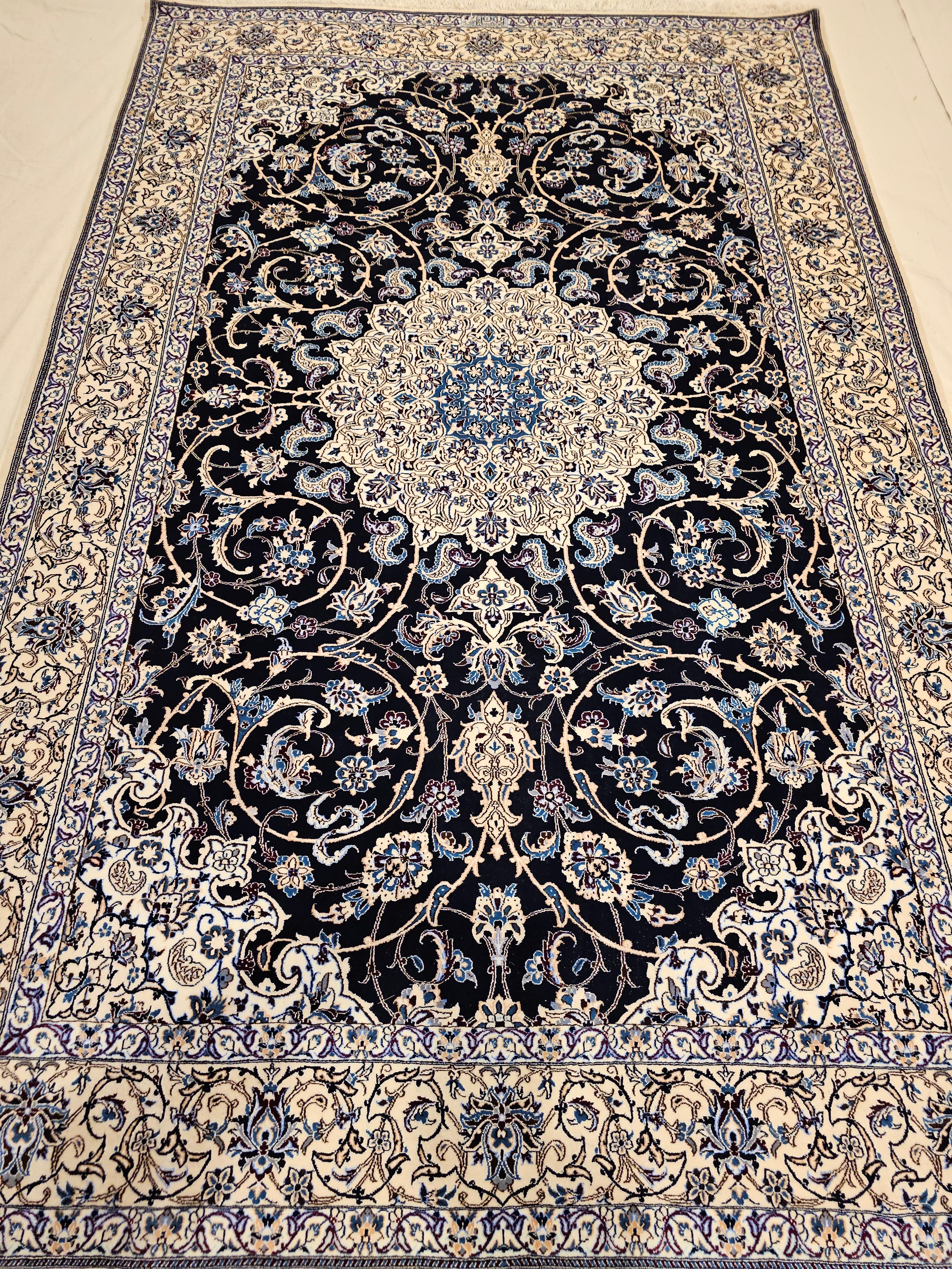 Vintage Persian Nain Habibian Area Rug in Floral Pattern in Navy, Ivory, Blue For Sale 6