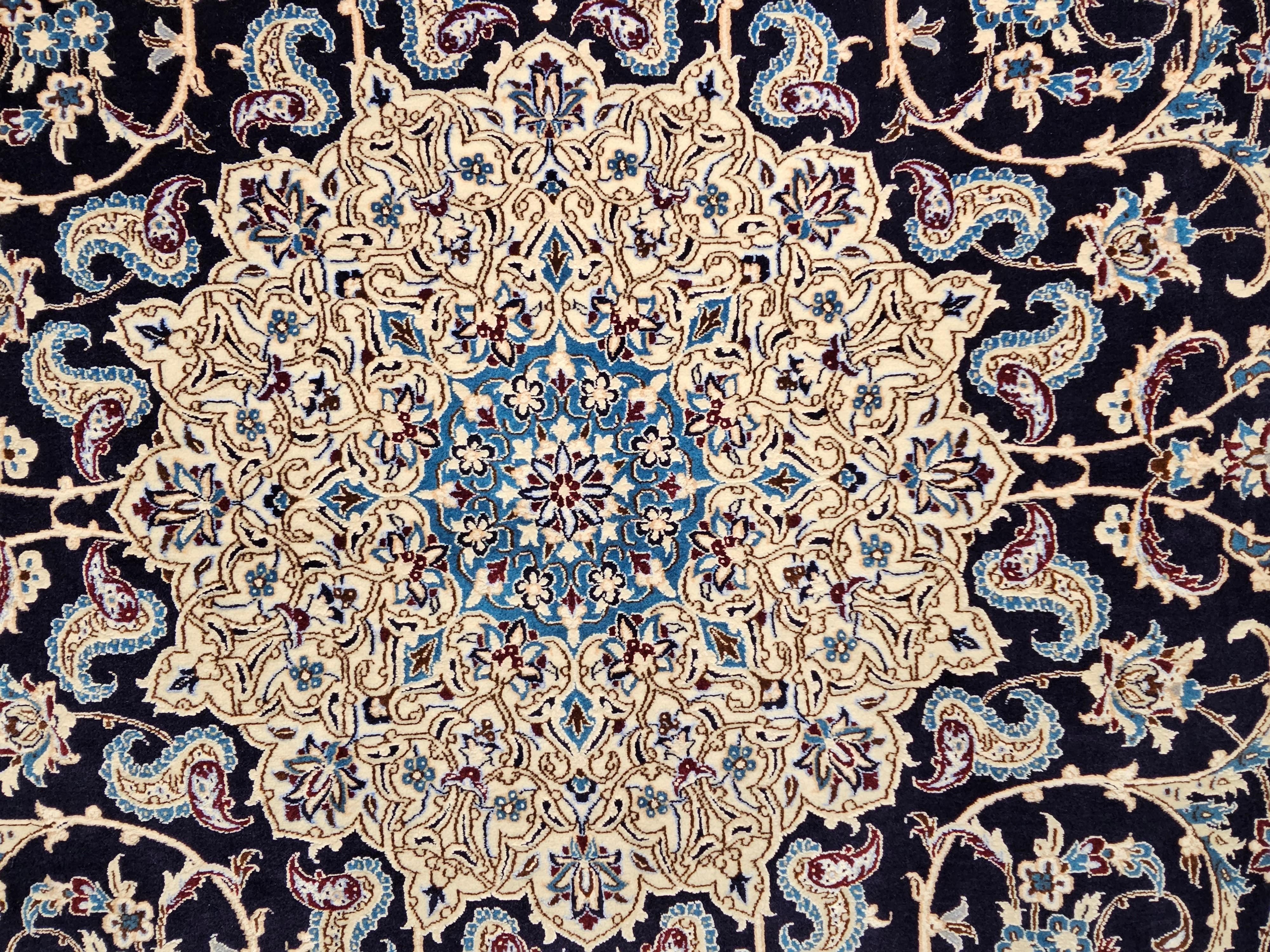 Silk Vintage Persian Nain Habibian Area Rug in Floral Pattern in Navy, Ivory, Blue For Sale