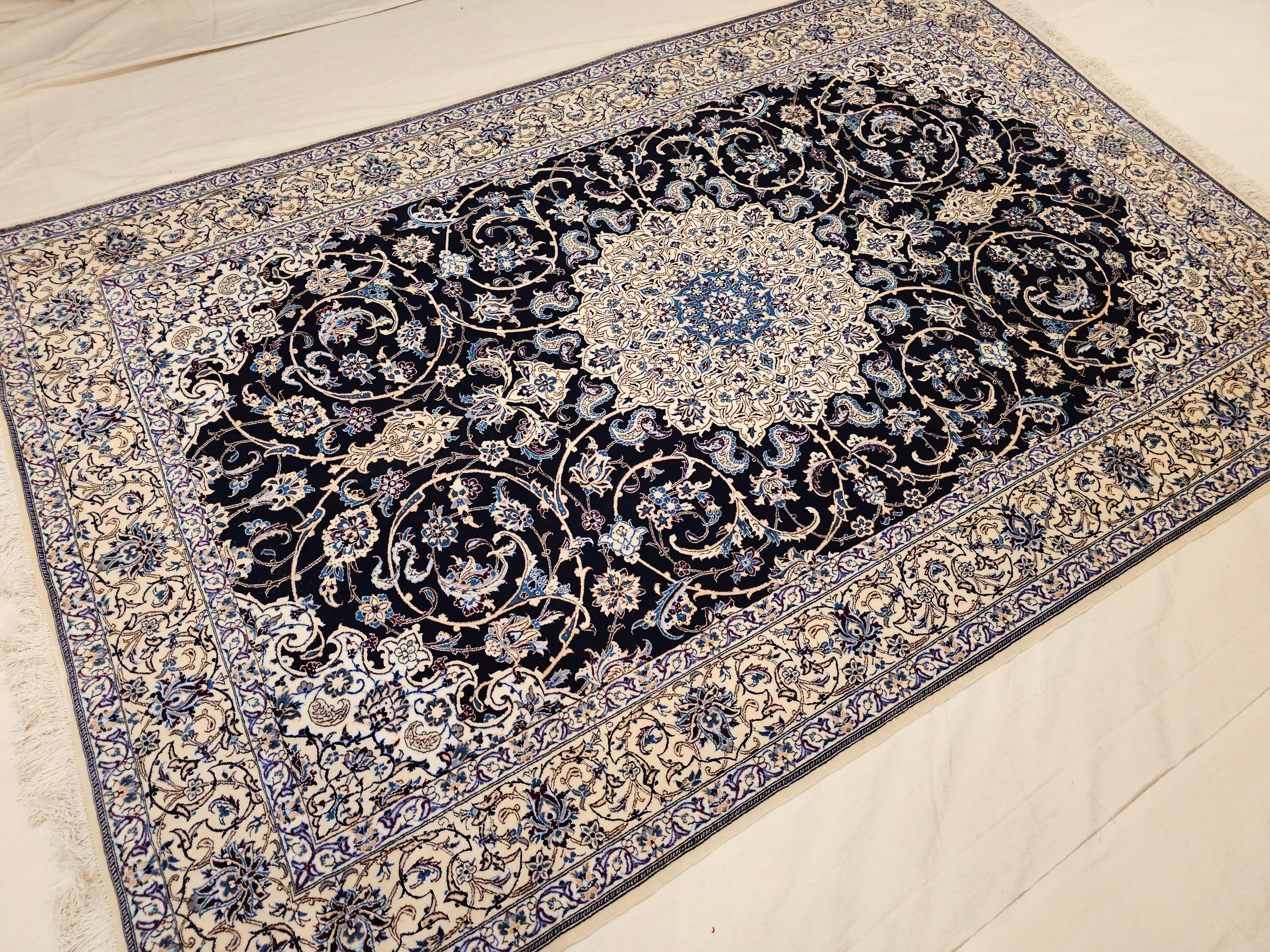 Vintage Persian Nain Habibian Area Rug in Floral Pattern in Navy, Ivory, Blue For Sale 1