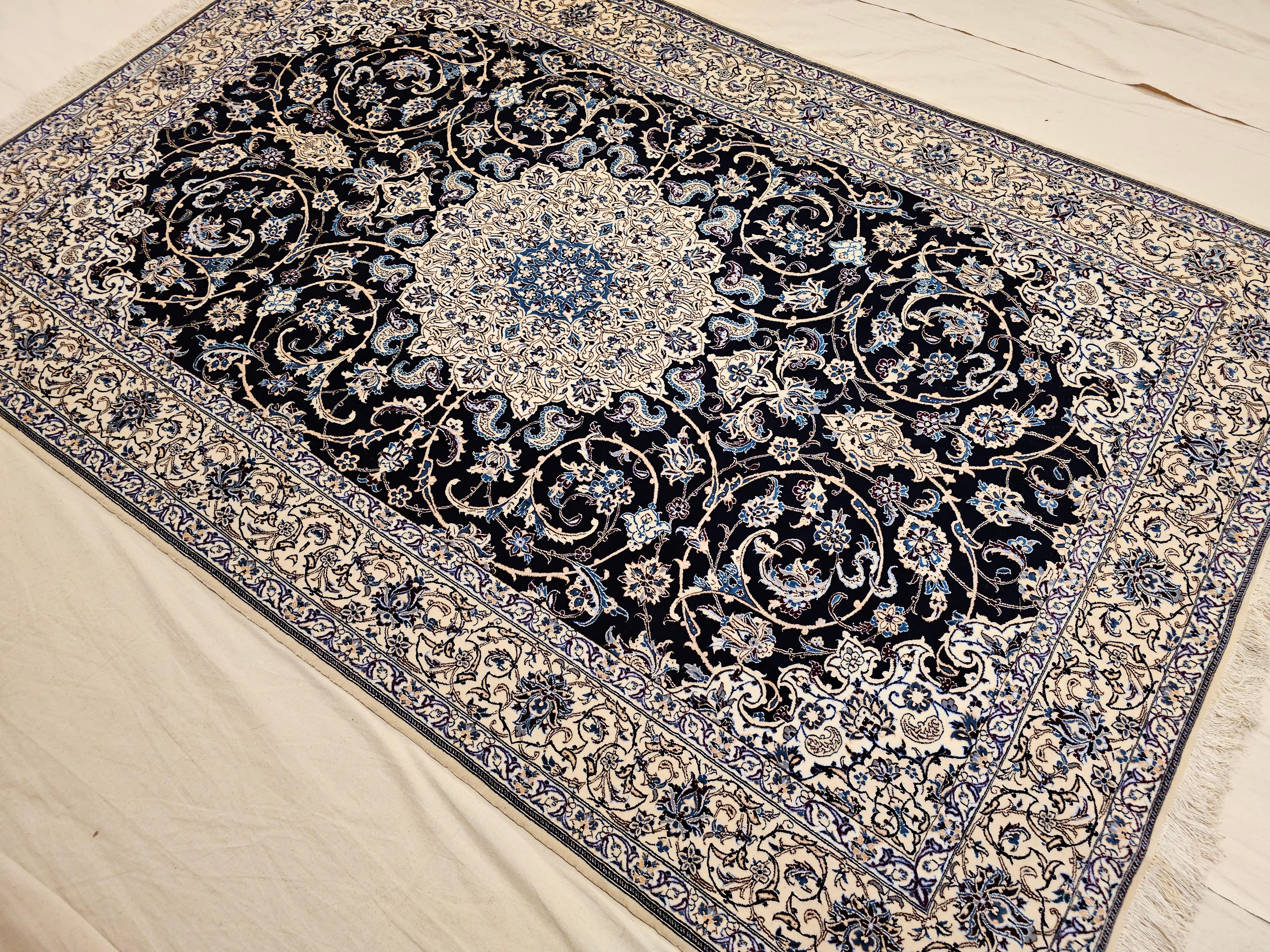 Vintage Persian Nain Habibian Area Rug in Floral Pattern in Navy, Ivory, Blue For Sale 2